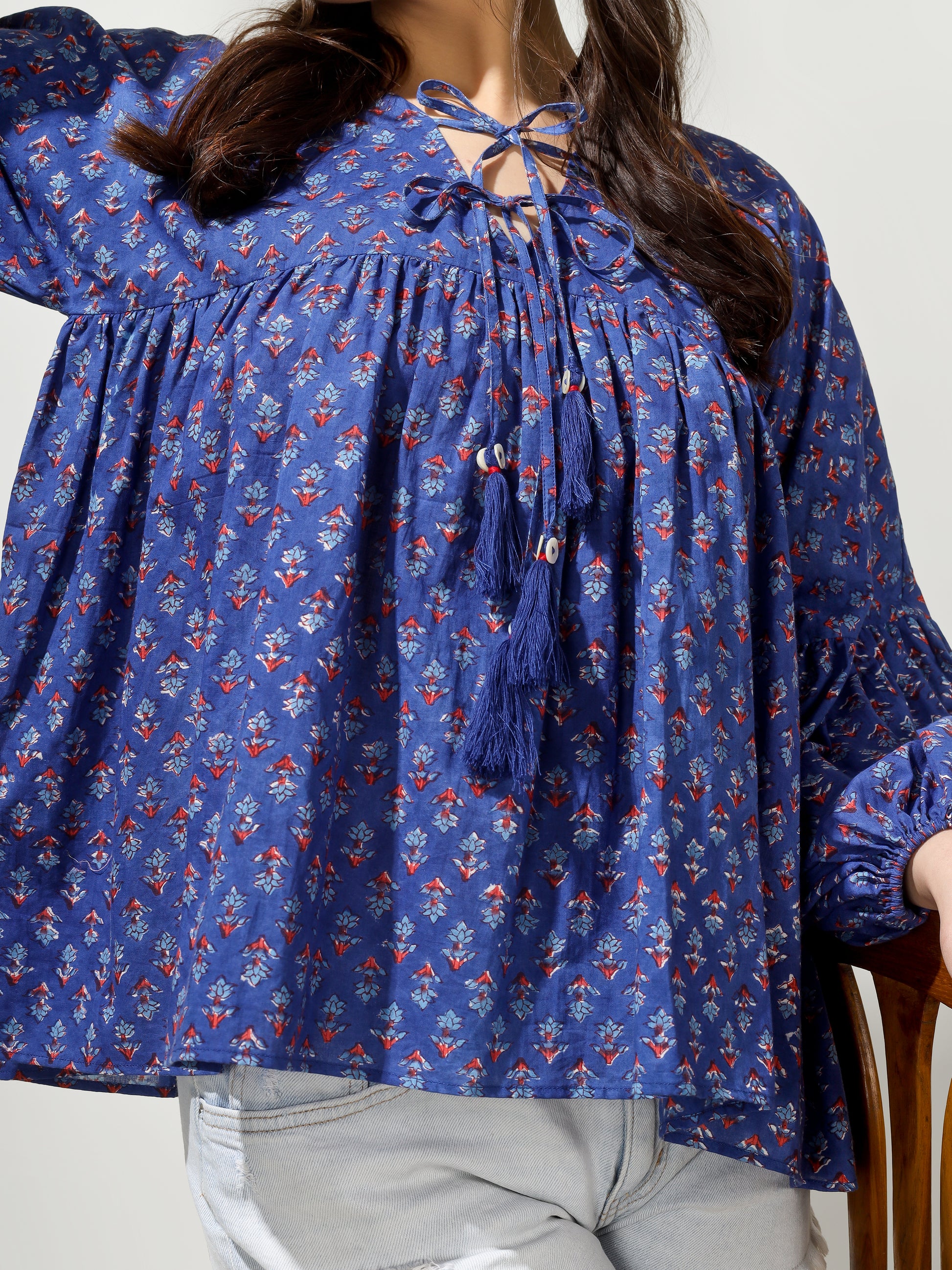 Blue Printed Double Knot Top | JOVI Fashion India