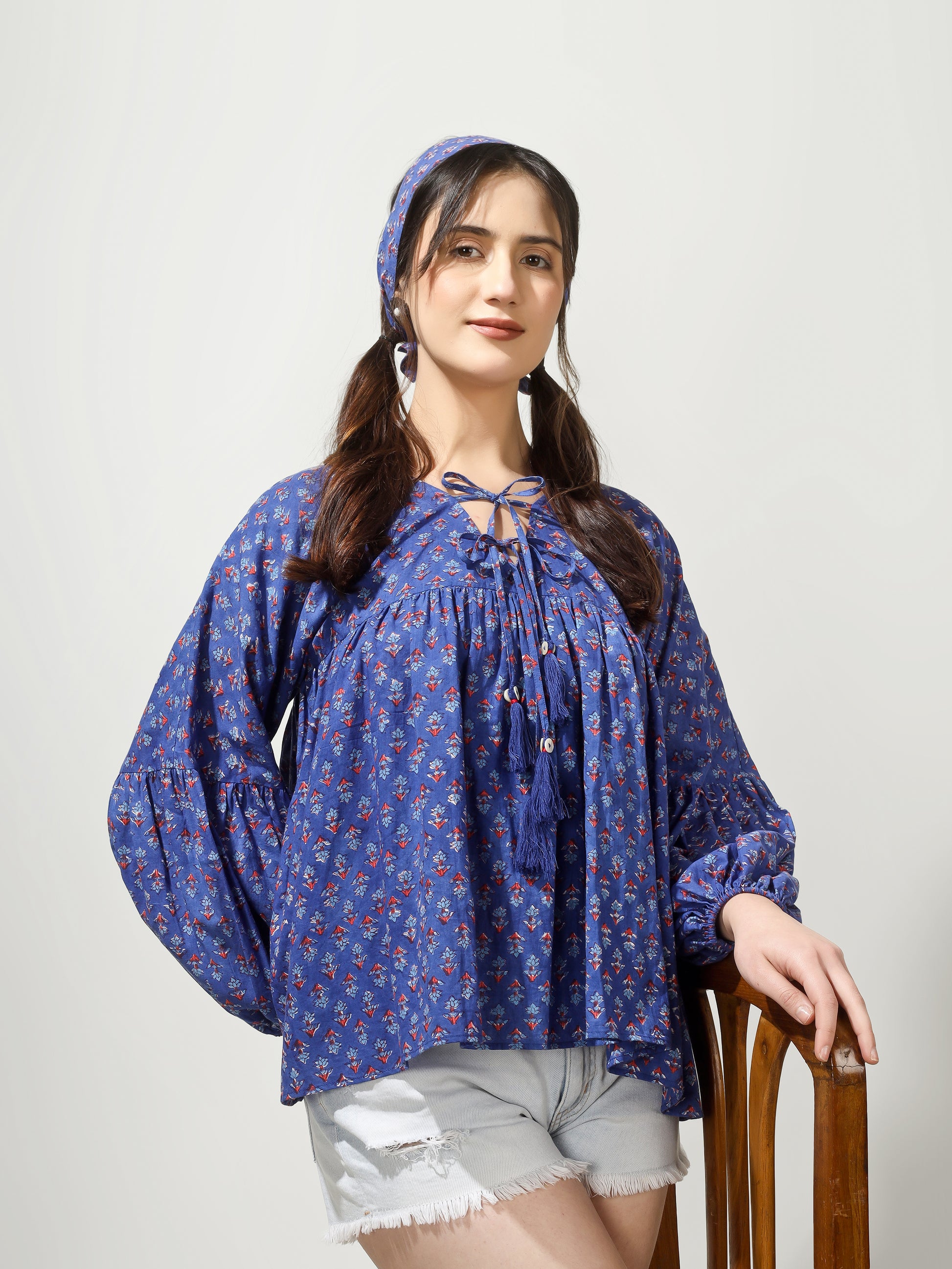 Blue Printed Double Knot Top | JOVI Fashion India