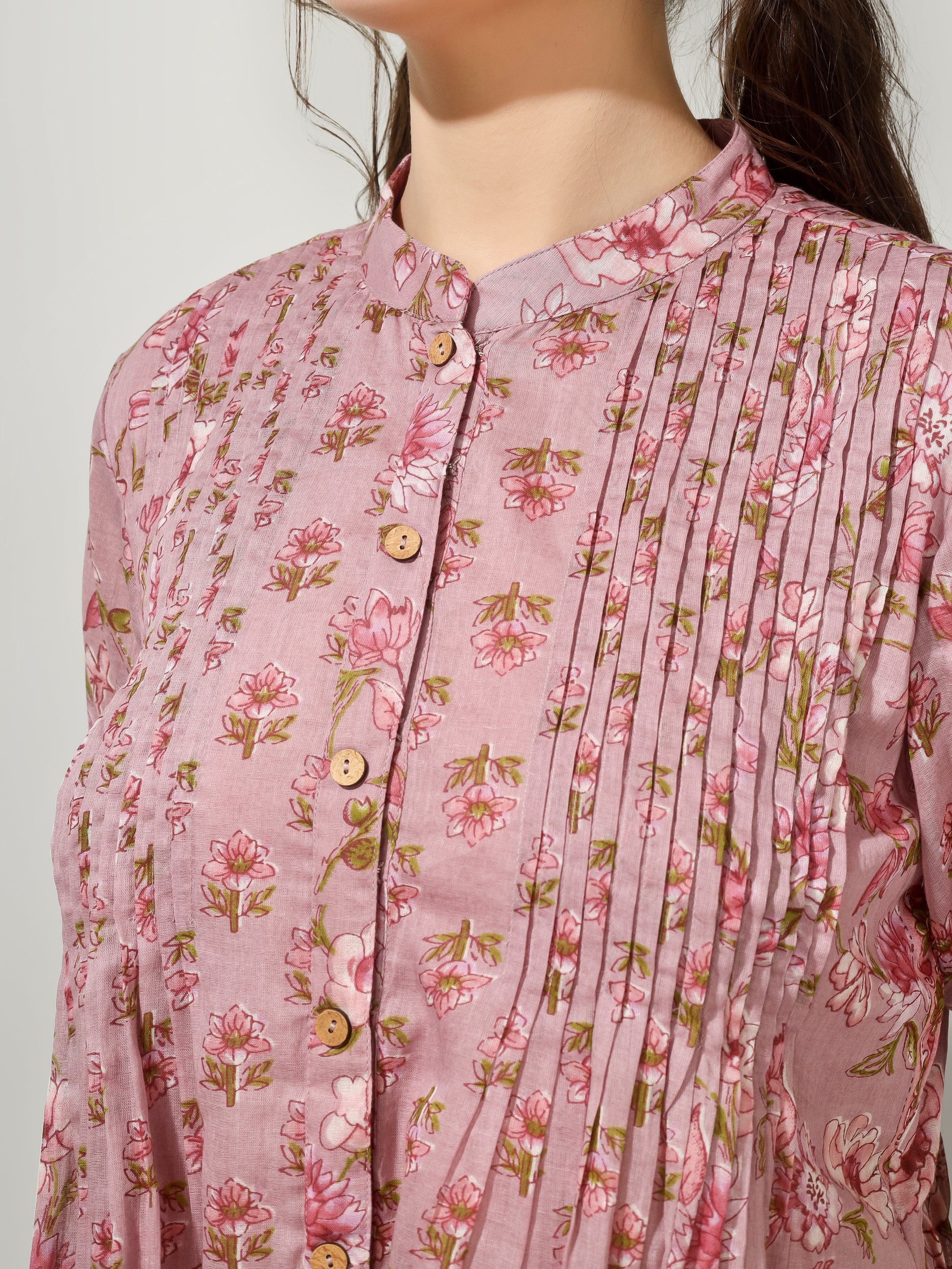 Pink Floral Pintucks Shirt | JOVI Fashion India