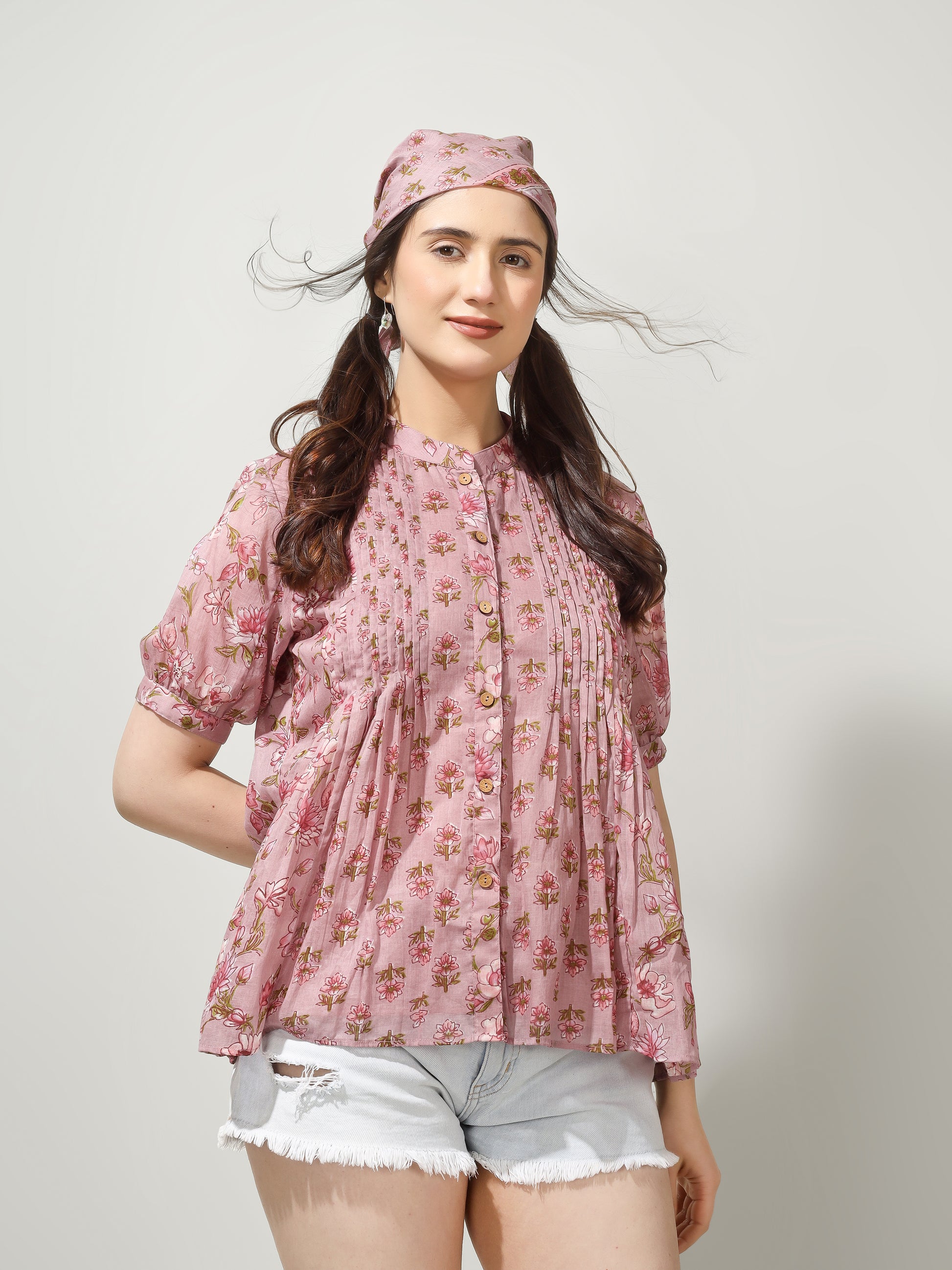Pink Floral Pintucks Shirt | JOVI Fashion India