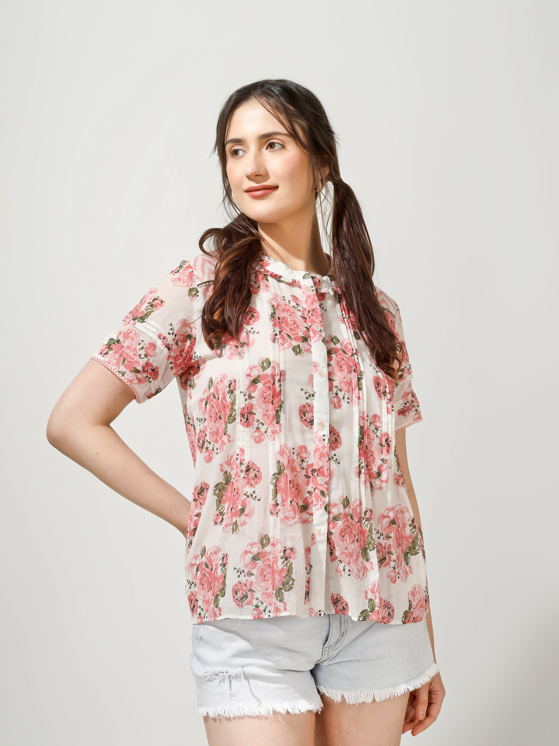 Pink Floral Pintucks Shirt | JOVI Fashion India