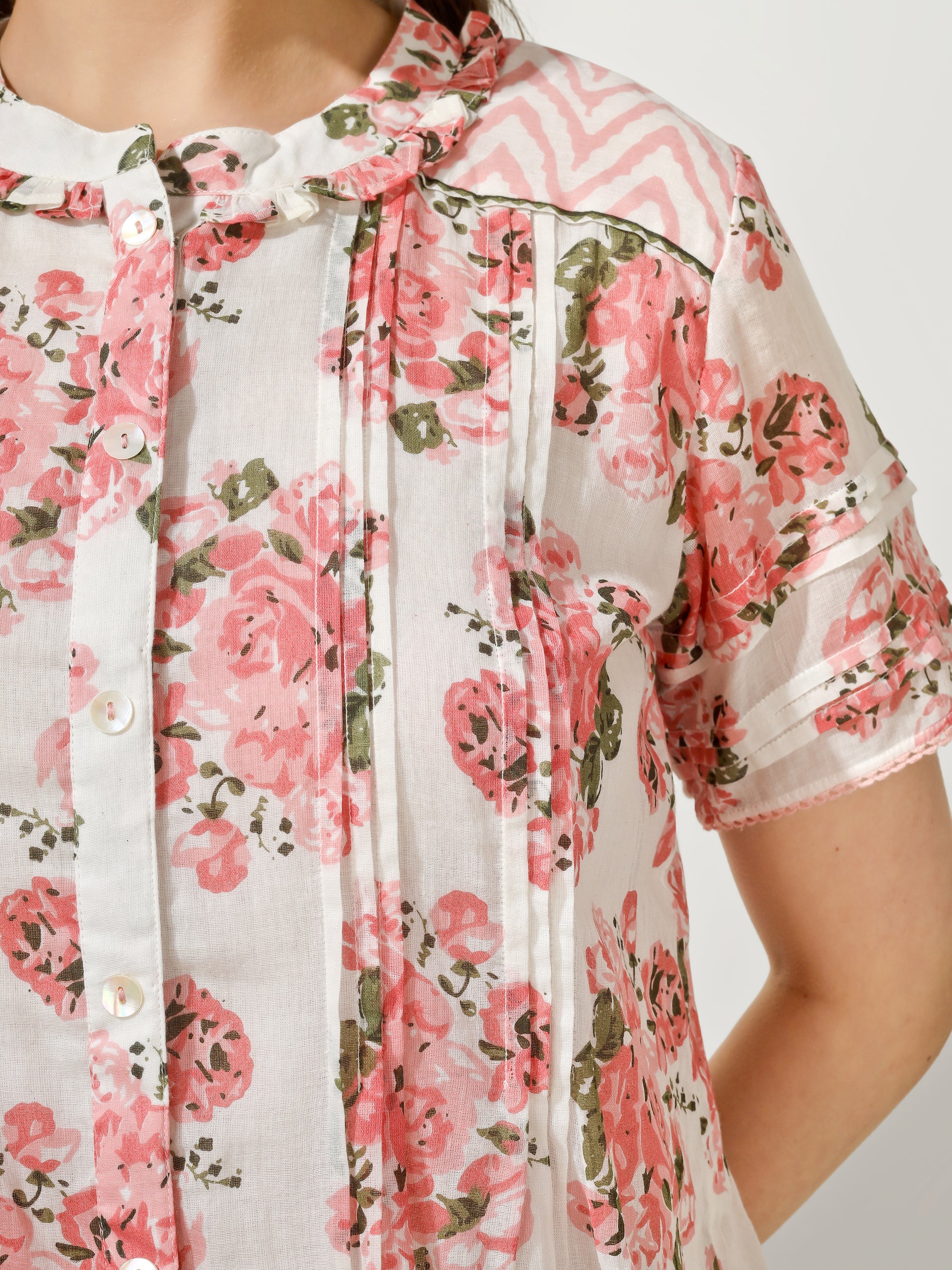 Pink Floral Pintucks Shirt | JOVI Fashion India