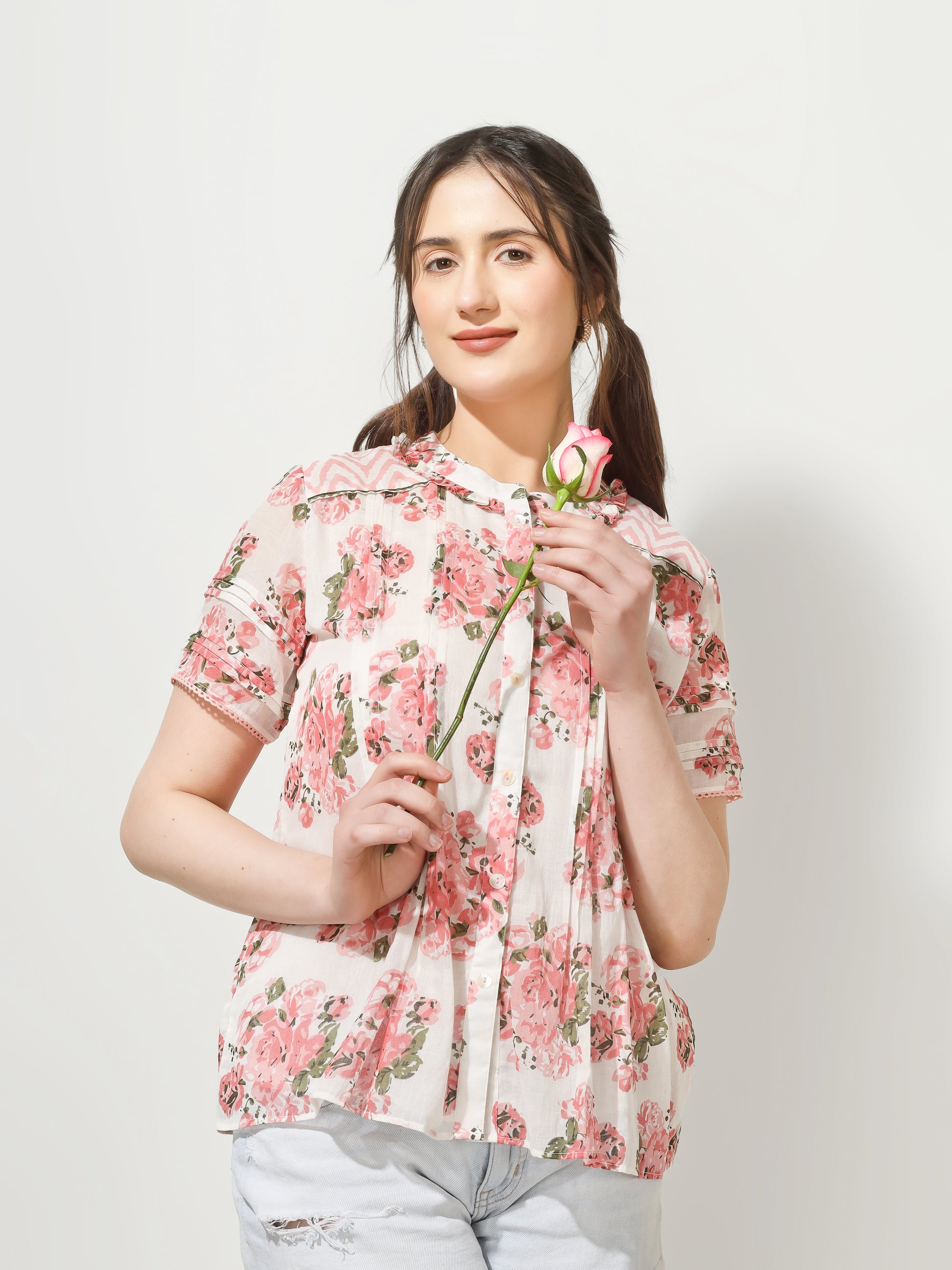 Pink Floral Pintucks Shirt | JOVI Fashion India