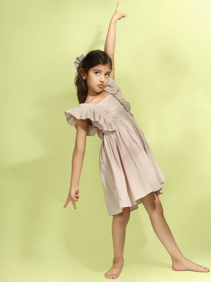 Jiyara Beige Embroidered Frill Dress