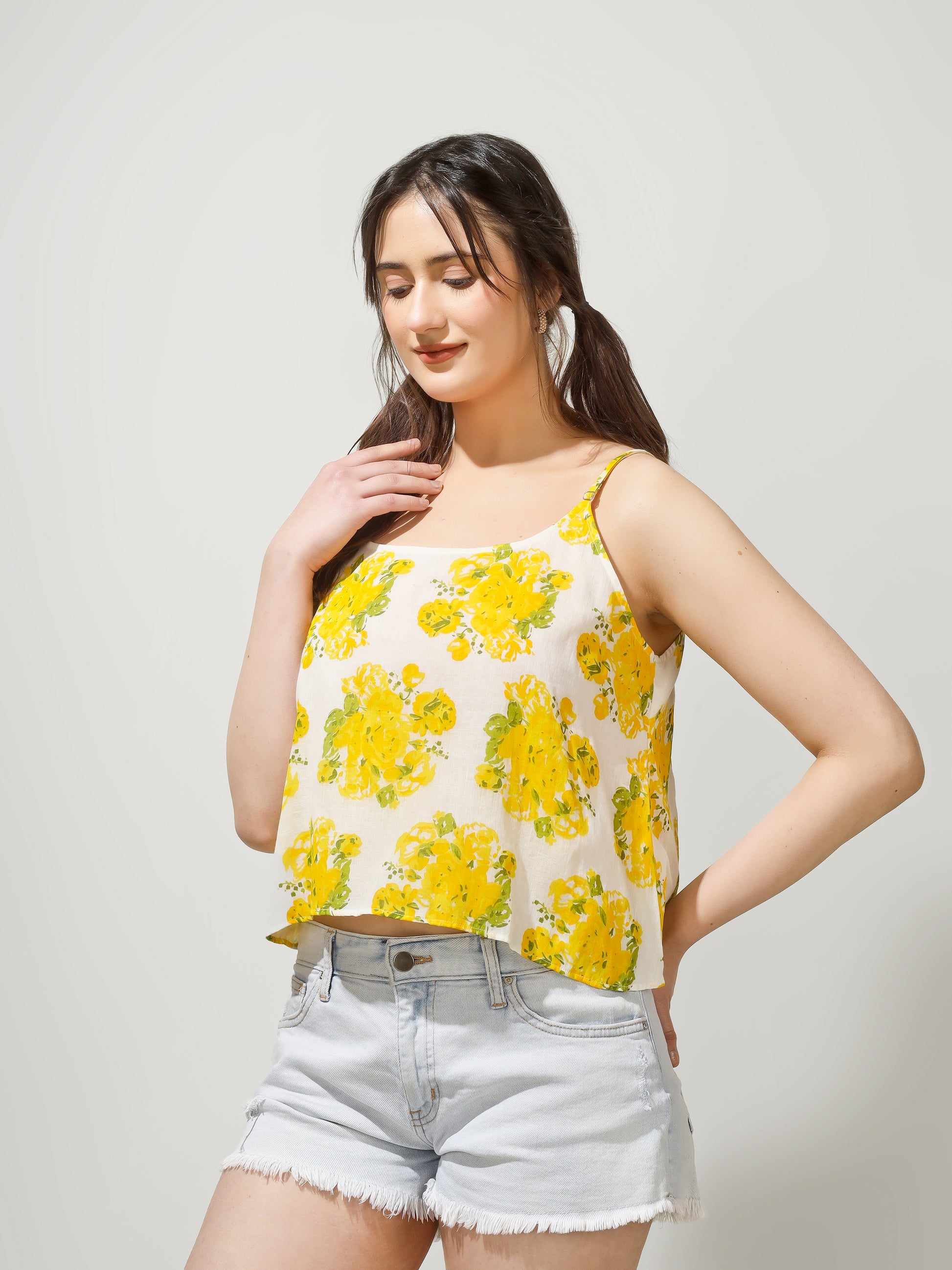 Yellow Floral Strappy Top | JOVI Fashion India