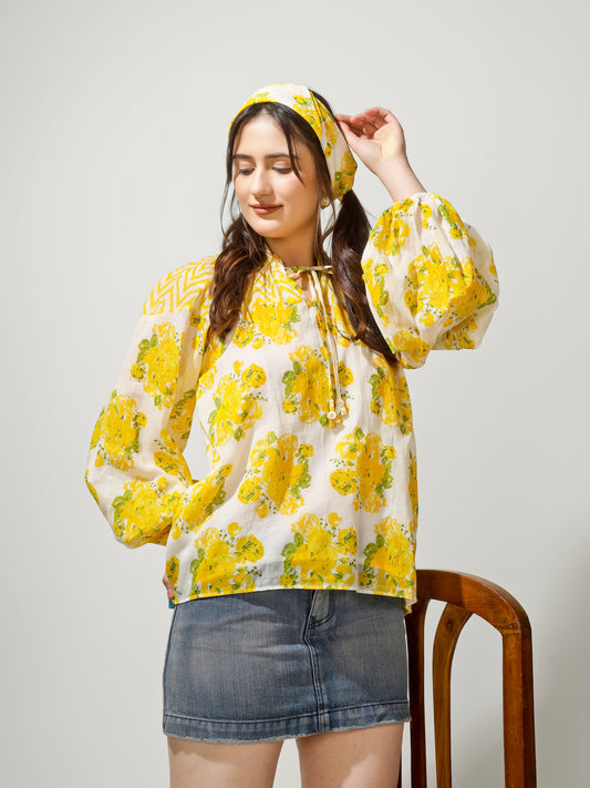 Yellow Floral Collar Neck Top | Jovi Fashion India