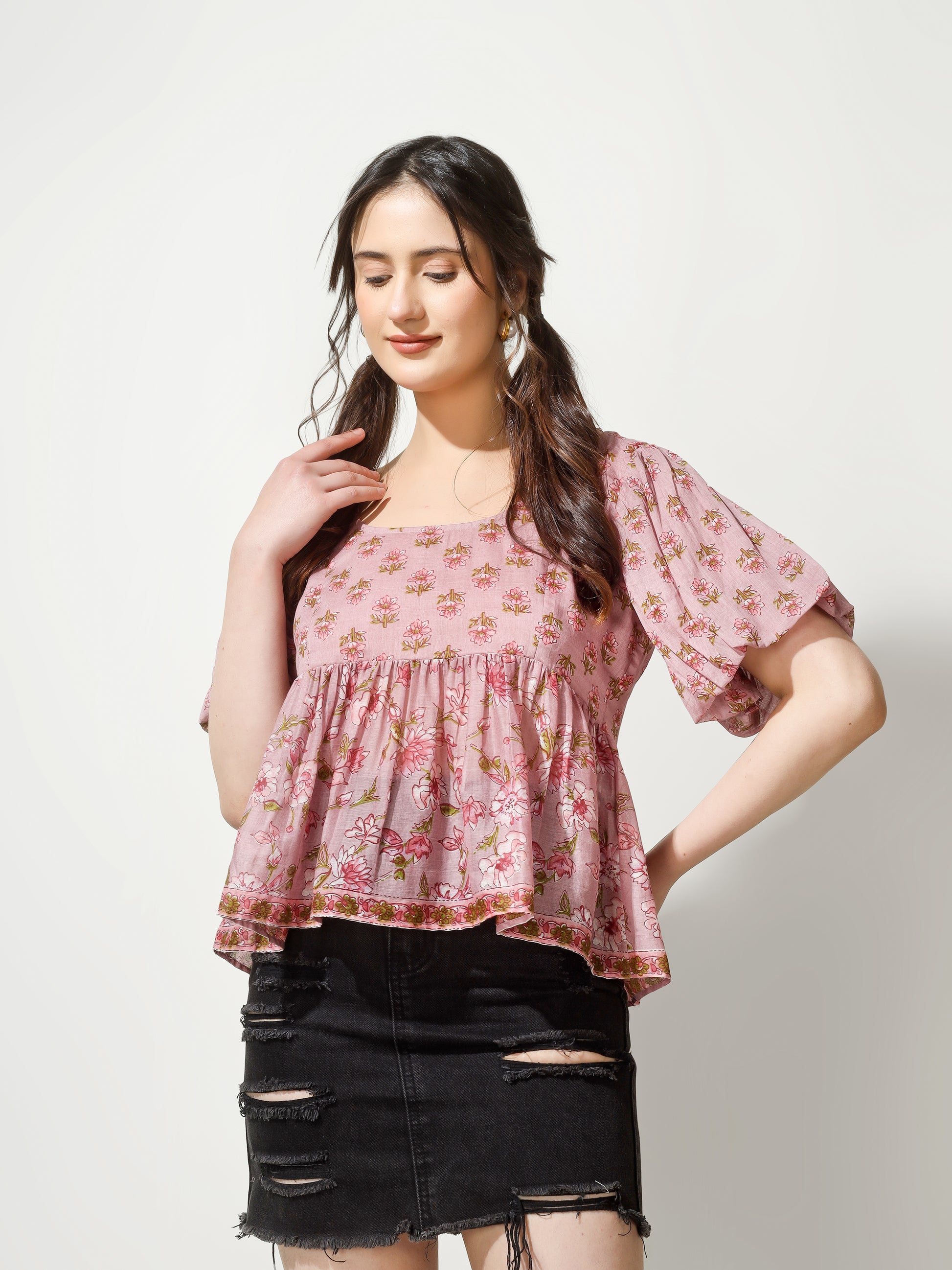 Pink Puff Sleeved Peplum Top | JOVI Fashion India
