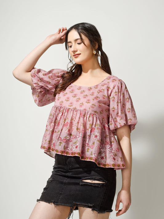 Pink Puff Sleeved Peplum Top | Jovi Fashion India