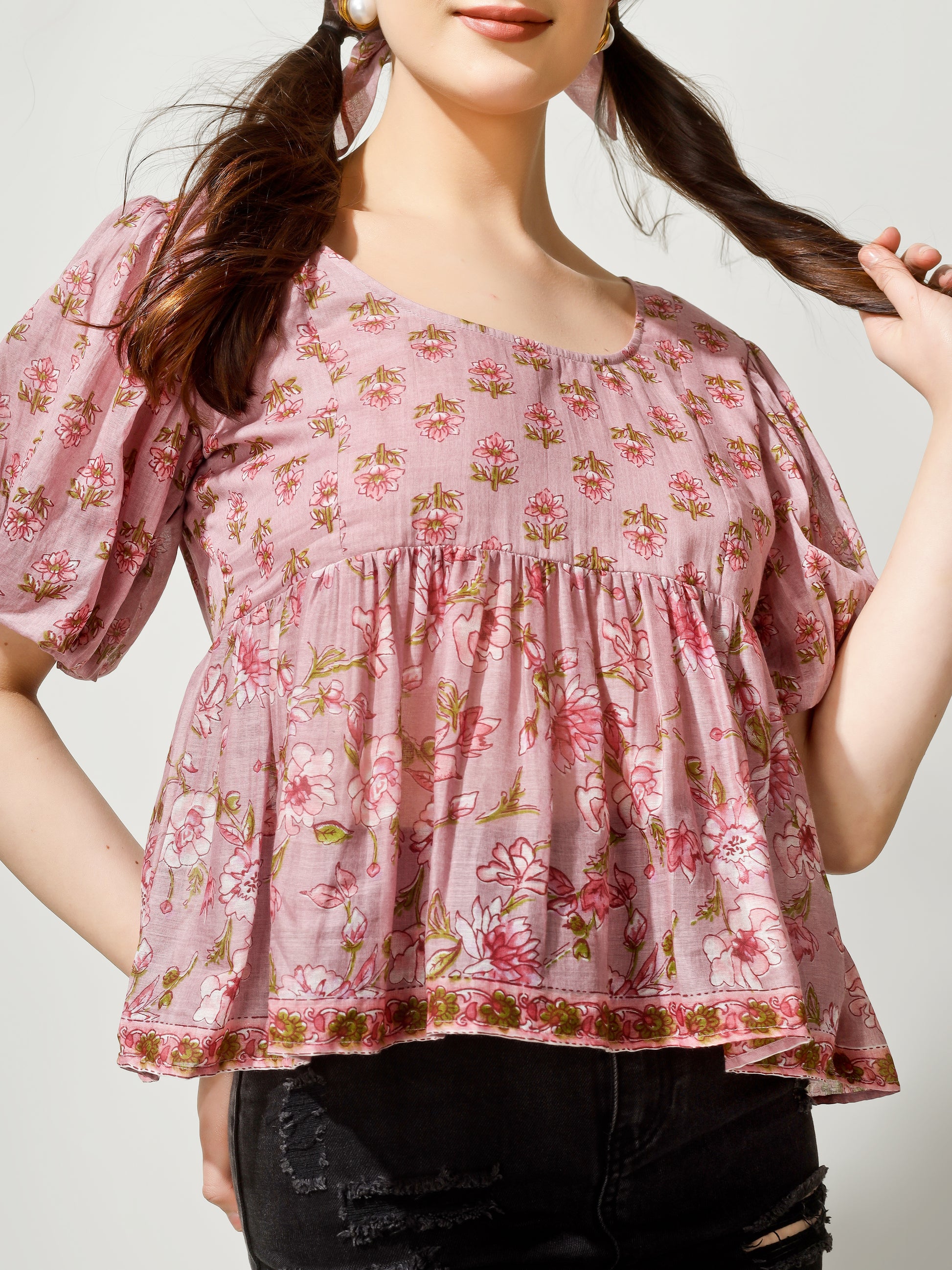 Pink Puff Sleeved Peplum Top | JOVI Fashion India