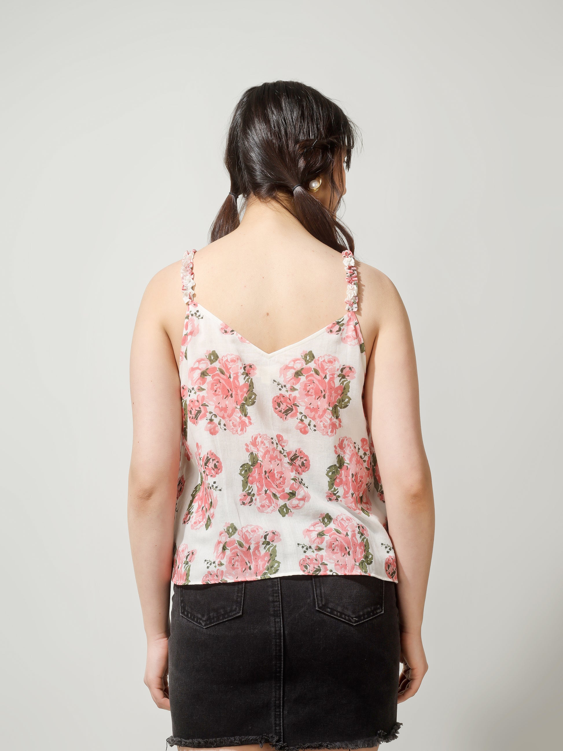 Pink Floral Ruffled Strap Top | JOVI Fashion India