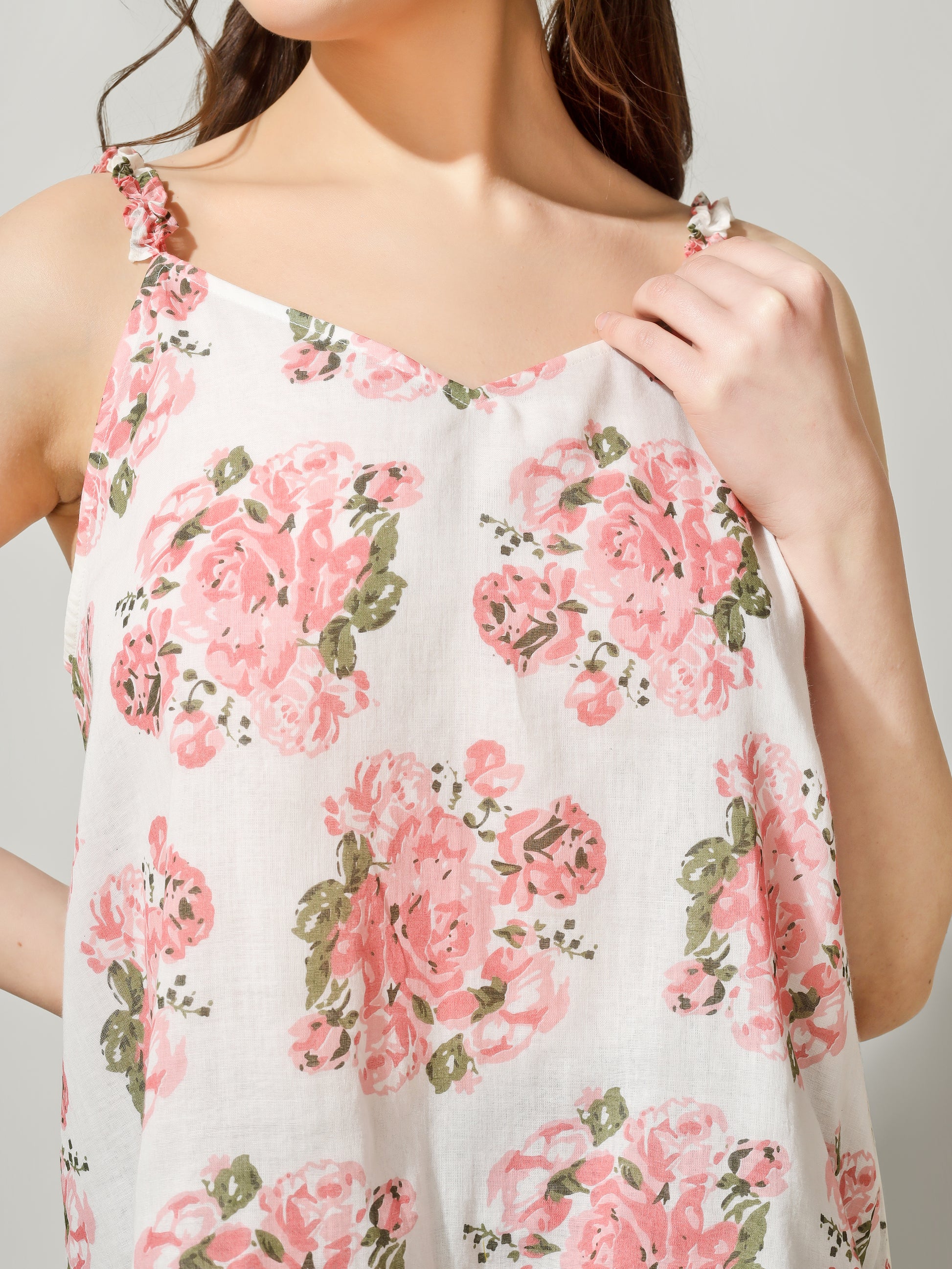 Pink Floral Ruffled Strap Top | JOVI Fashion India