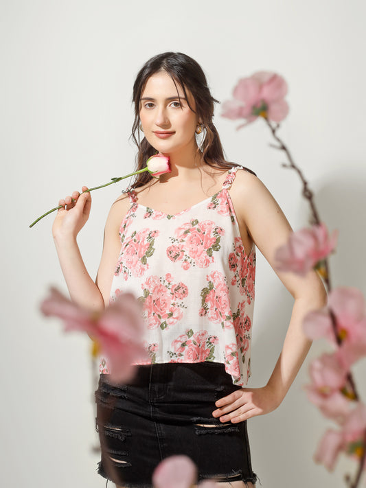 Pink Floral Ruffled Strap Top | Jovi Fashion India
