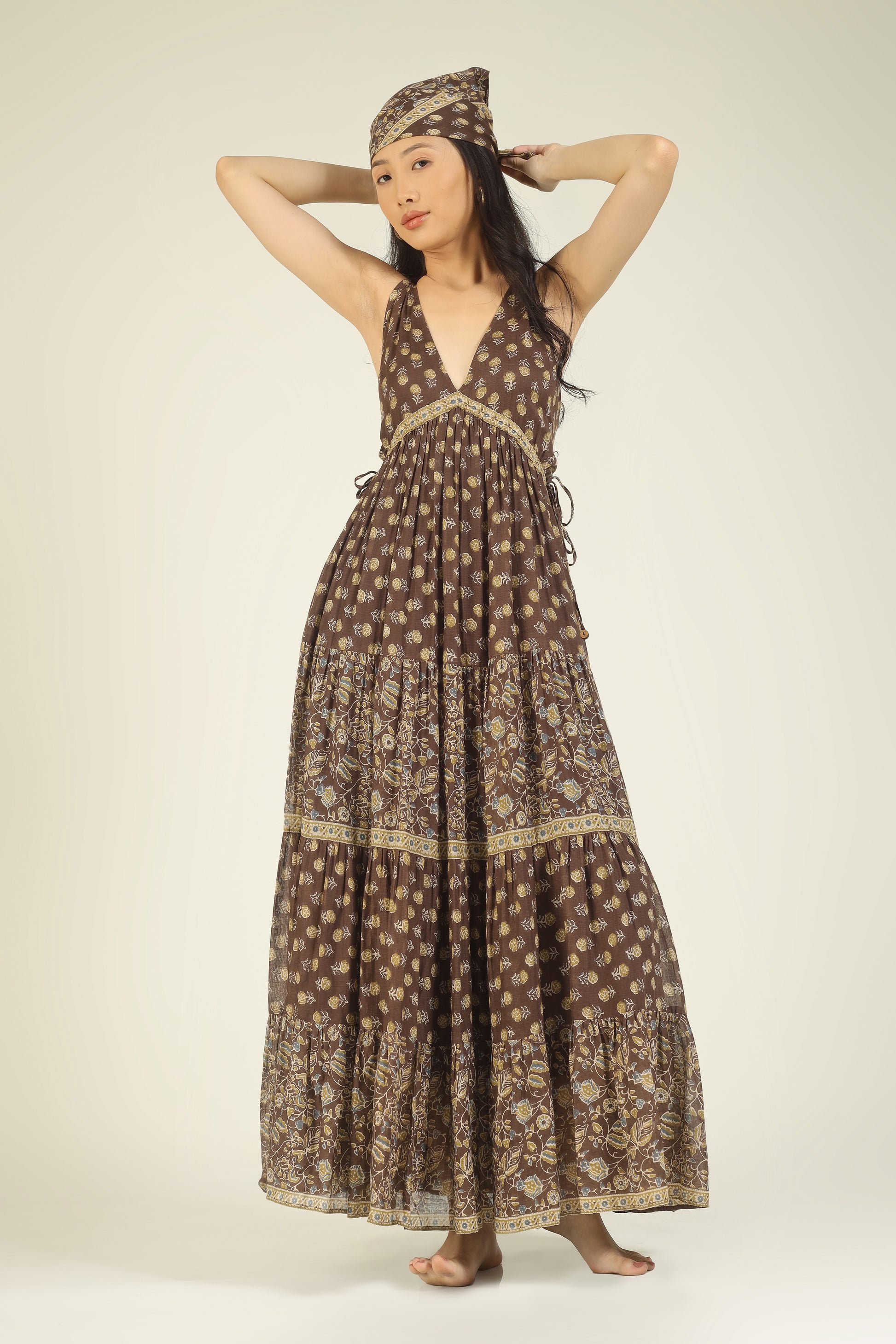 Brown Printed Side Tieable Dress | JOVI India
