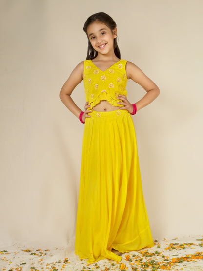 Jiyara Yellow Printed Top with Skirt Set