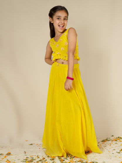 Jiyara Yellow Printed Top with Skirt Set