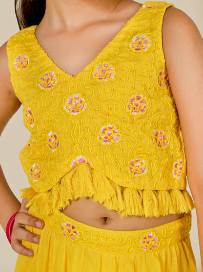 Jiyara Yellow Printed Top with Skirt Set
