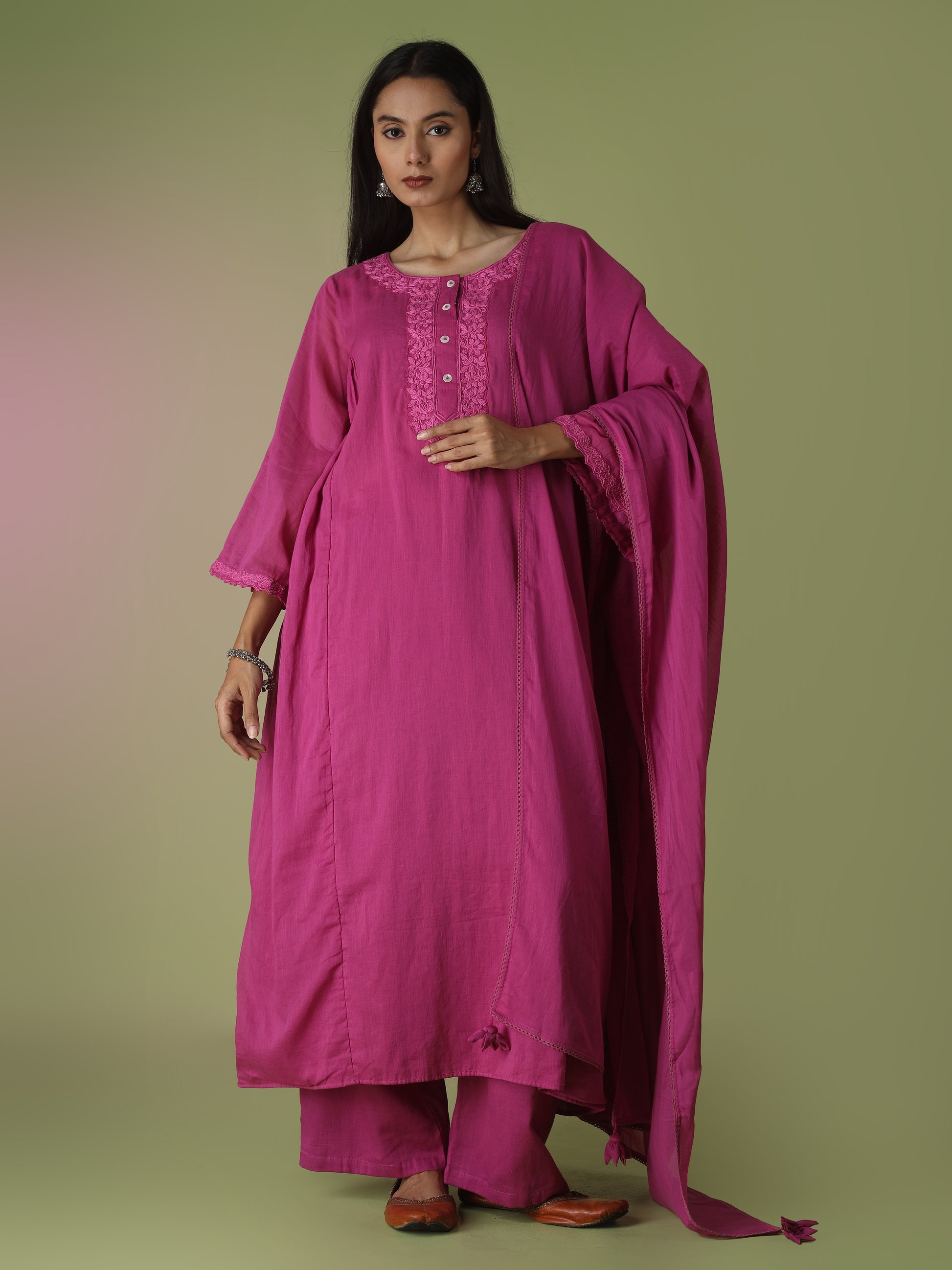 Raspberry Side Gather Anarkali Suit Set | JOVI Fashion India