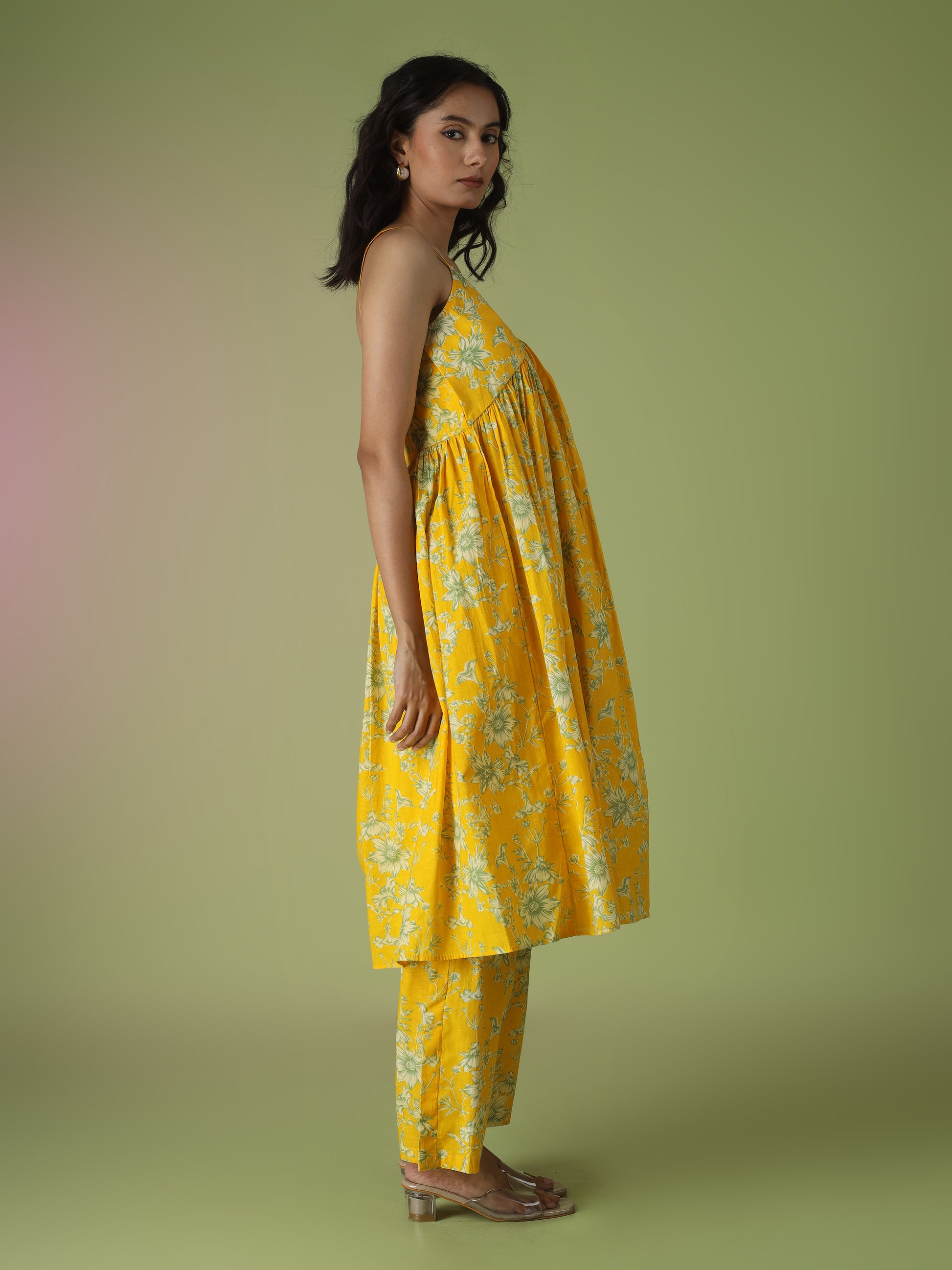 Yellow Printed Strappy Kurta with Palazzo Set | JOVI India