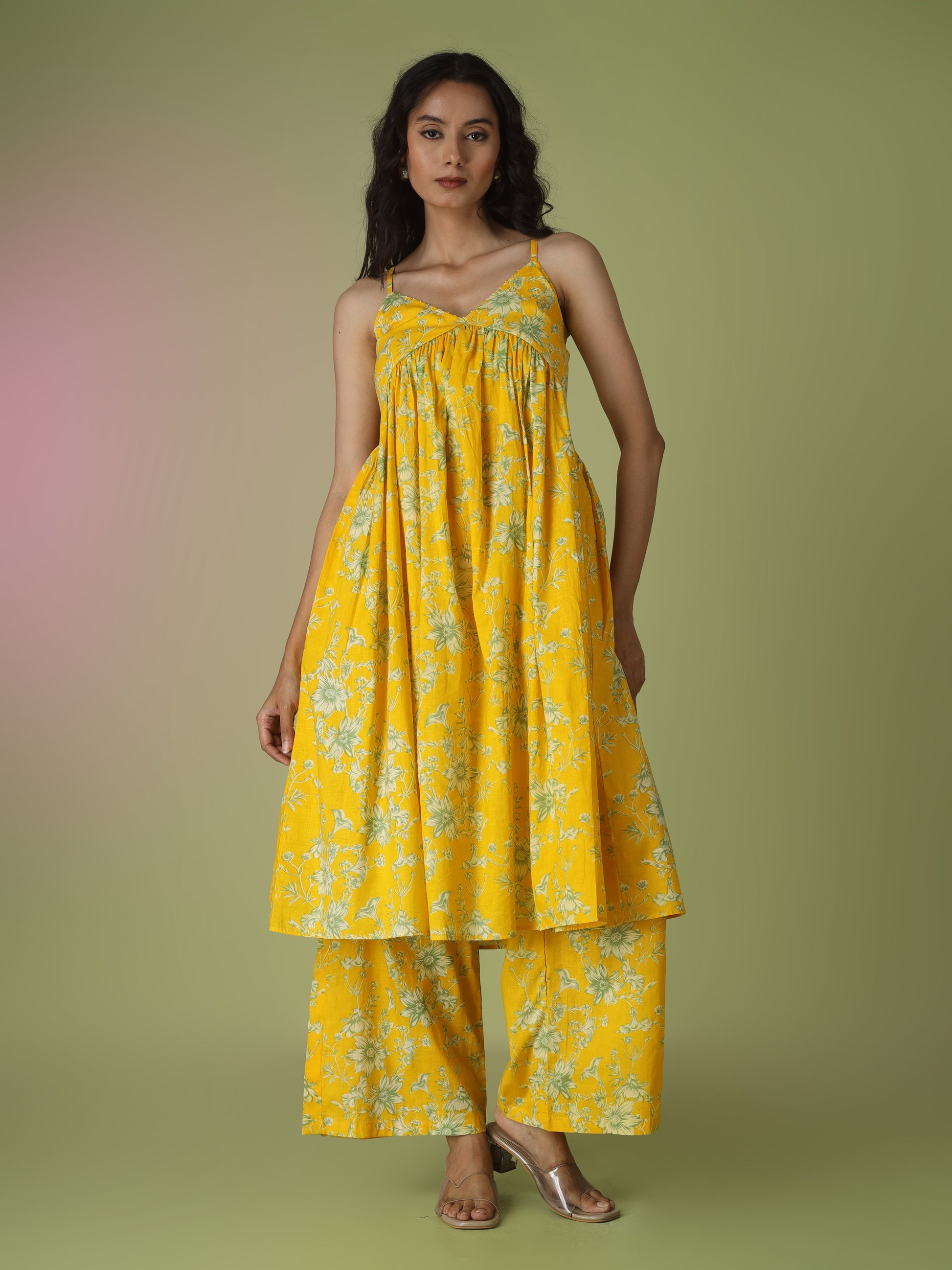 Yellow Printed Strappy Kurta with Palazzo Set | JOVI India