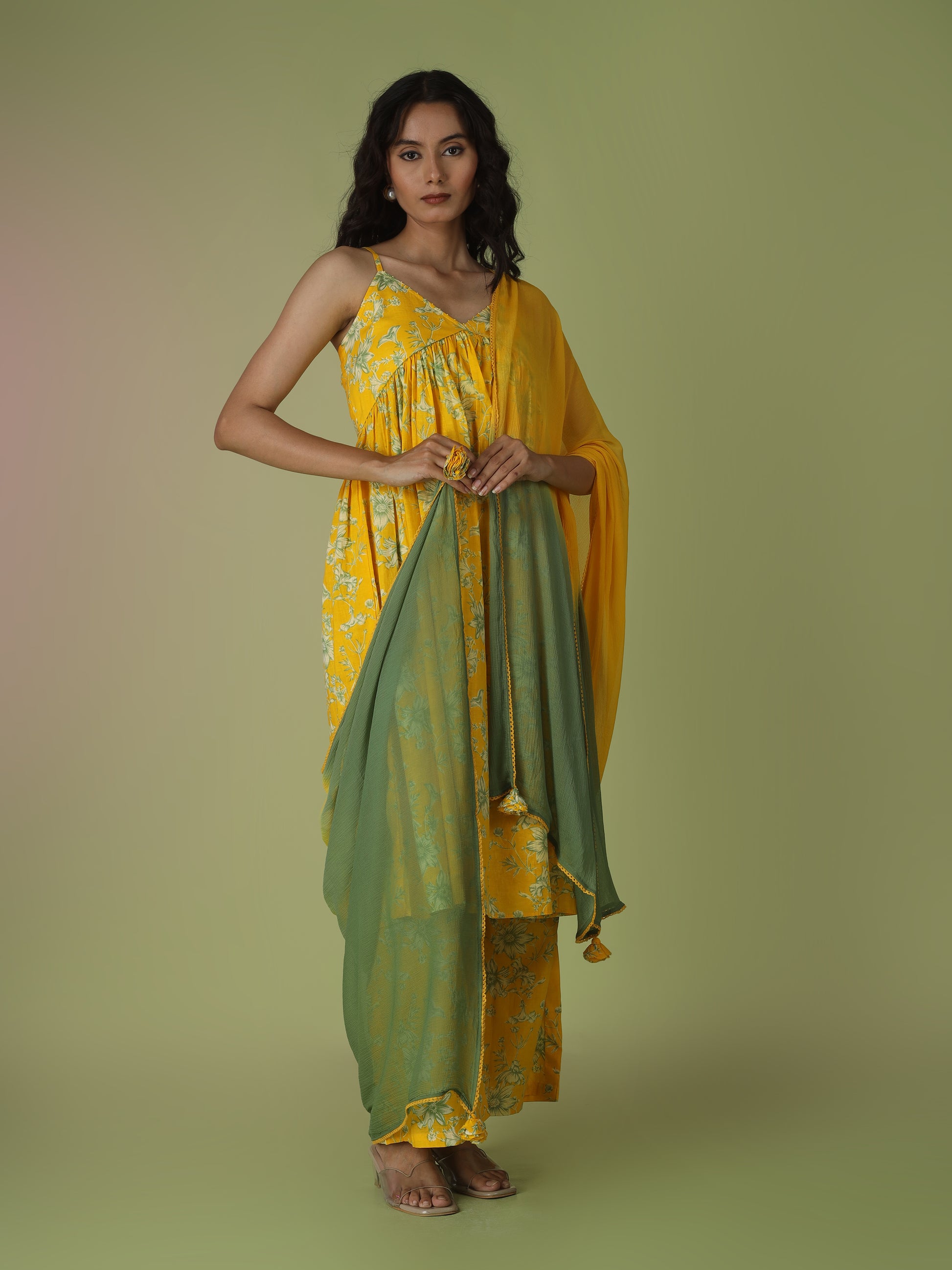 Yellow Printed Strappy Kurta with Palazzo Set | JOVI India