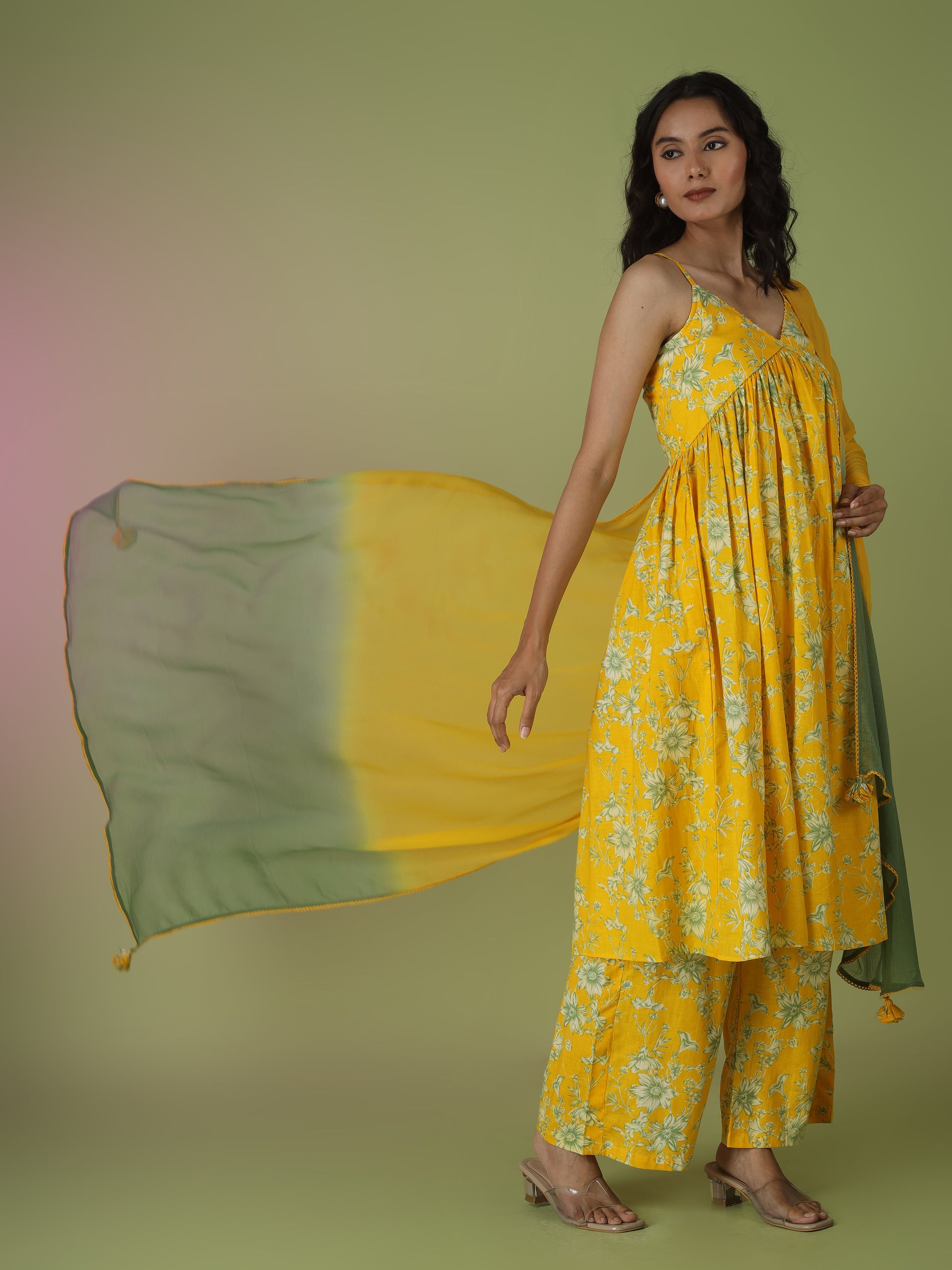 Yellow Printed Strappy Kurta with Palazzo Set | JOVI India