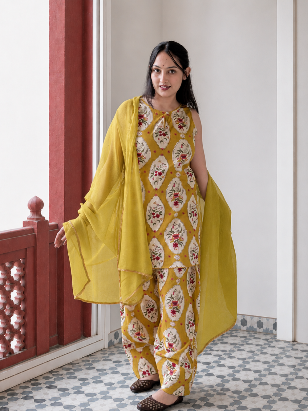 Sunheri Mughal Print Farshi Set | JOVI India