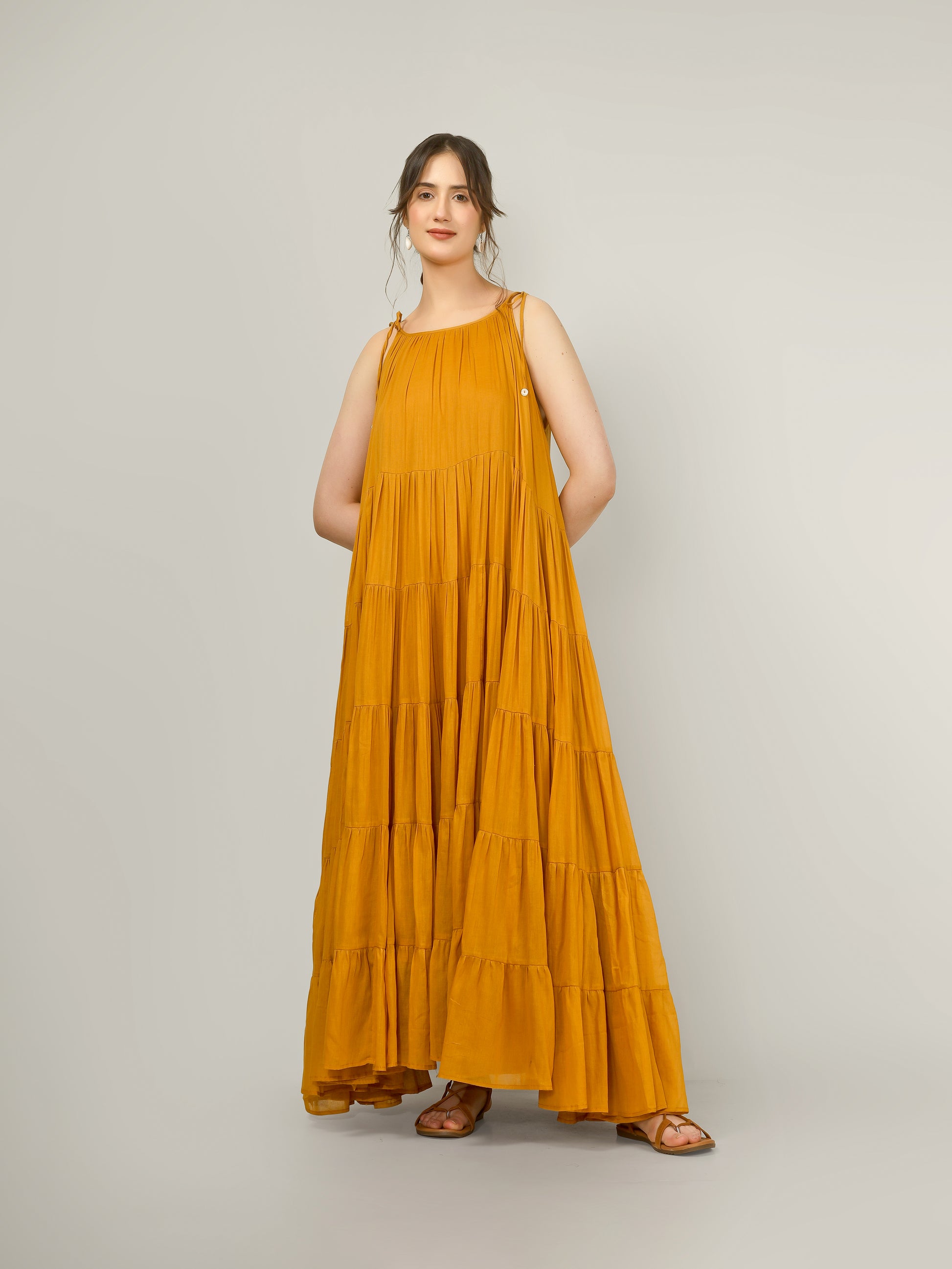 Mustard Yellow flared maxi dress for weddings, Diwali and festive occasions from JOVI India