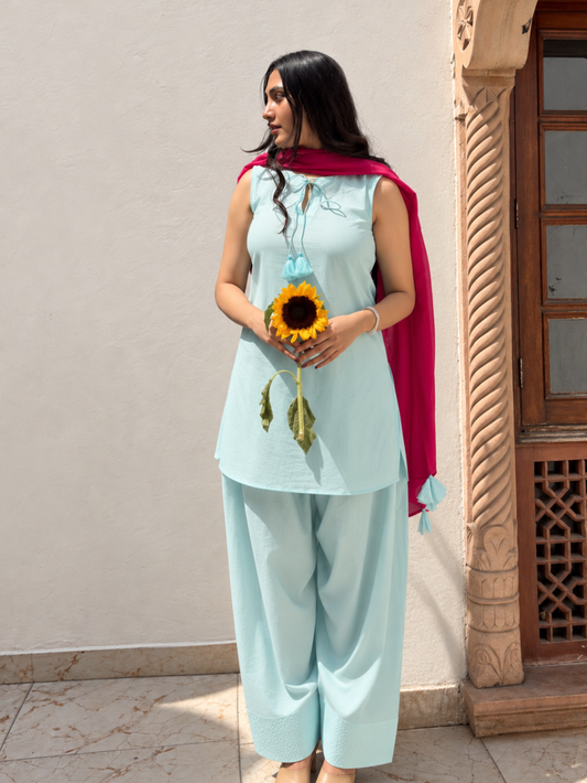Blue Short Kurta & Farshi Shalwar Set