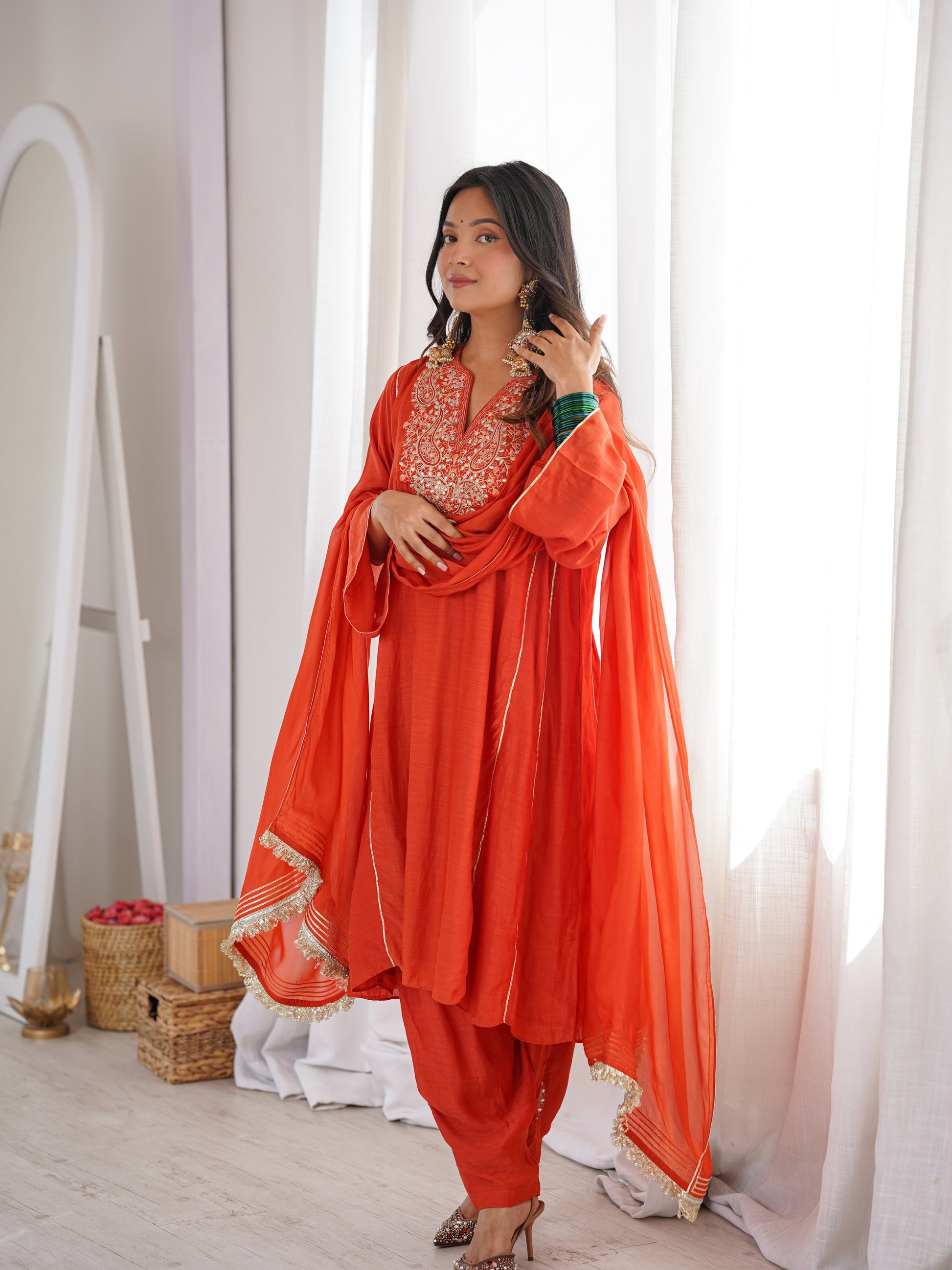 Elegant Orange Kurta Set with Gota Lace Dupatta for Women by JOVI India