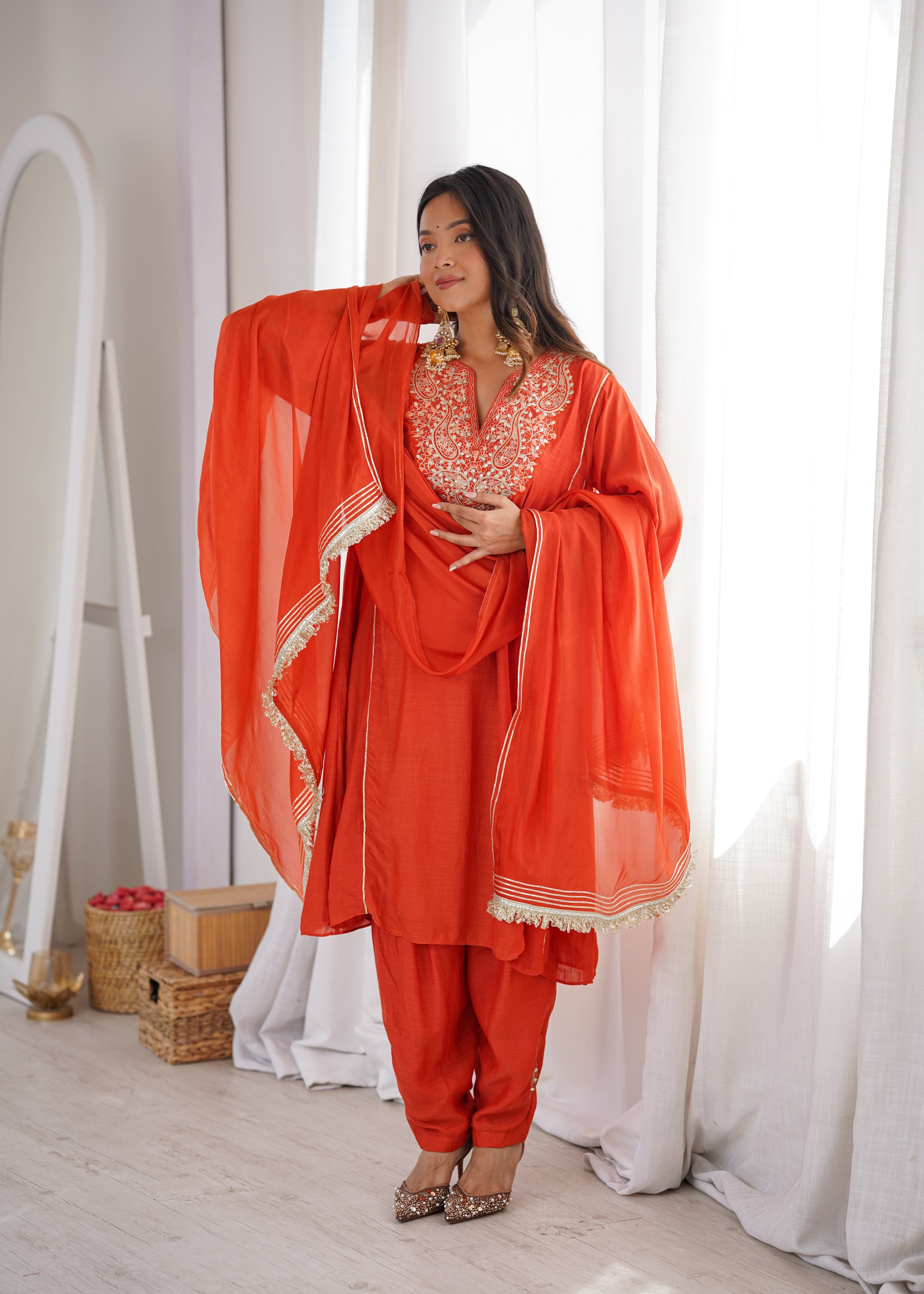Women's Orange Designer Kurta Set with Embroidered Yoke and Dupatta by JOVI India