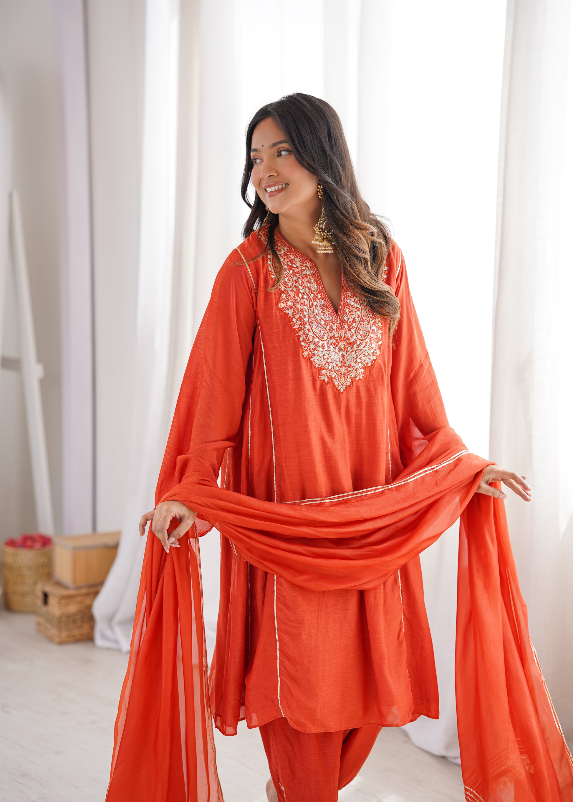 Premium Orange Embroidered Salwar Suit by JOVI India