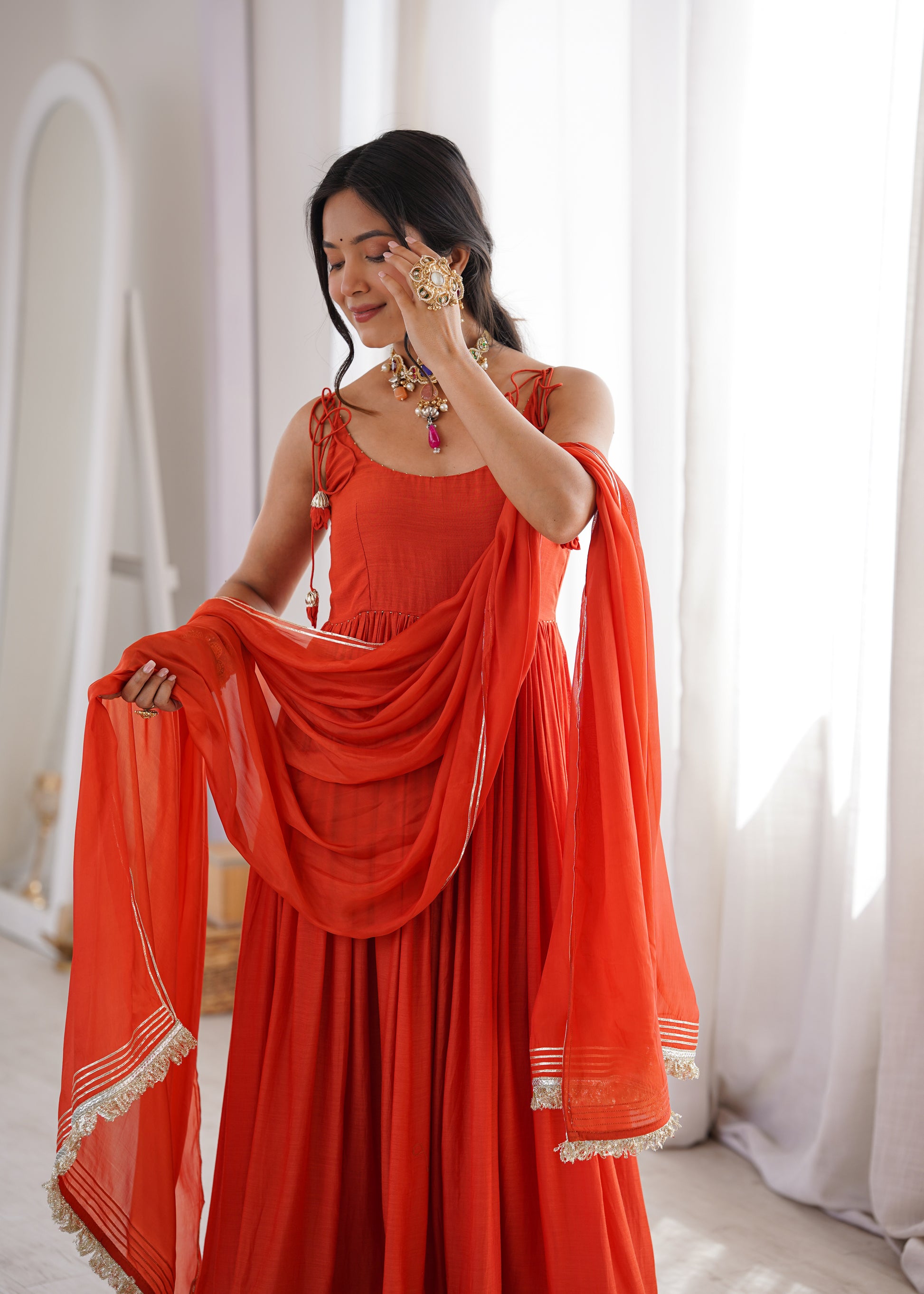 Orange  Indian Anarkali Suit Set for Women by JOVI India