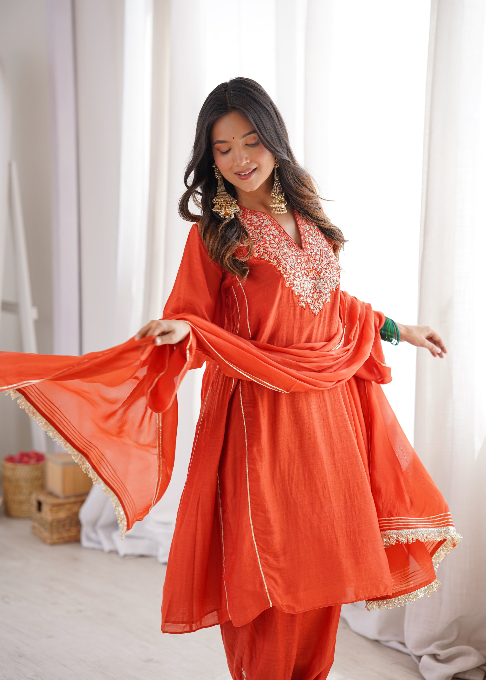 Premium Orange Festive Kurta Set with Gold Embroidery by JOVI India