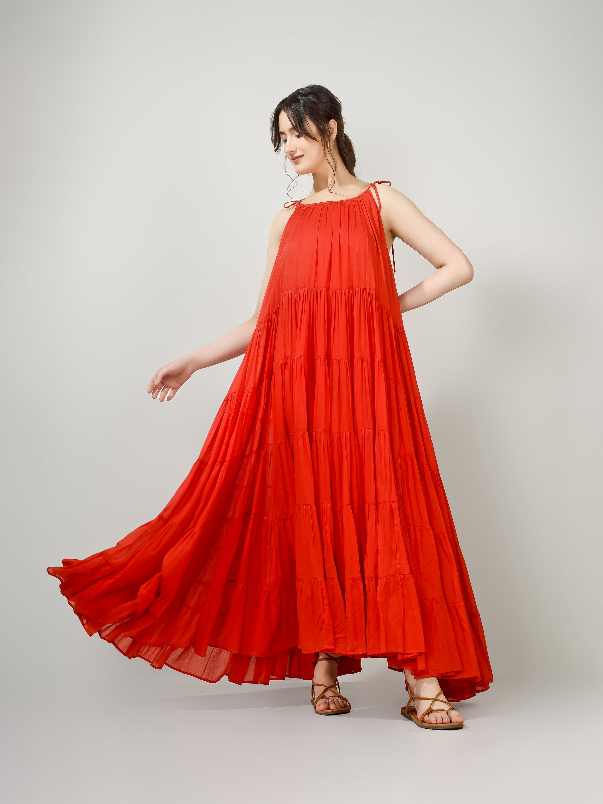 Orange flared maxi dress for weddings, parties and festive occasions from JOVI India