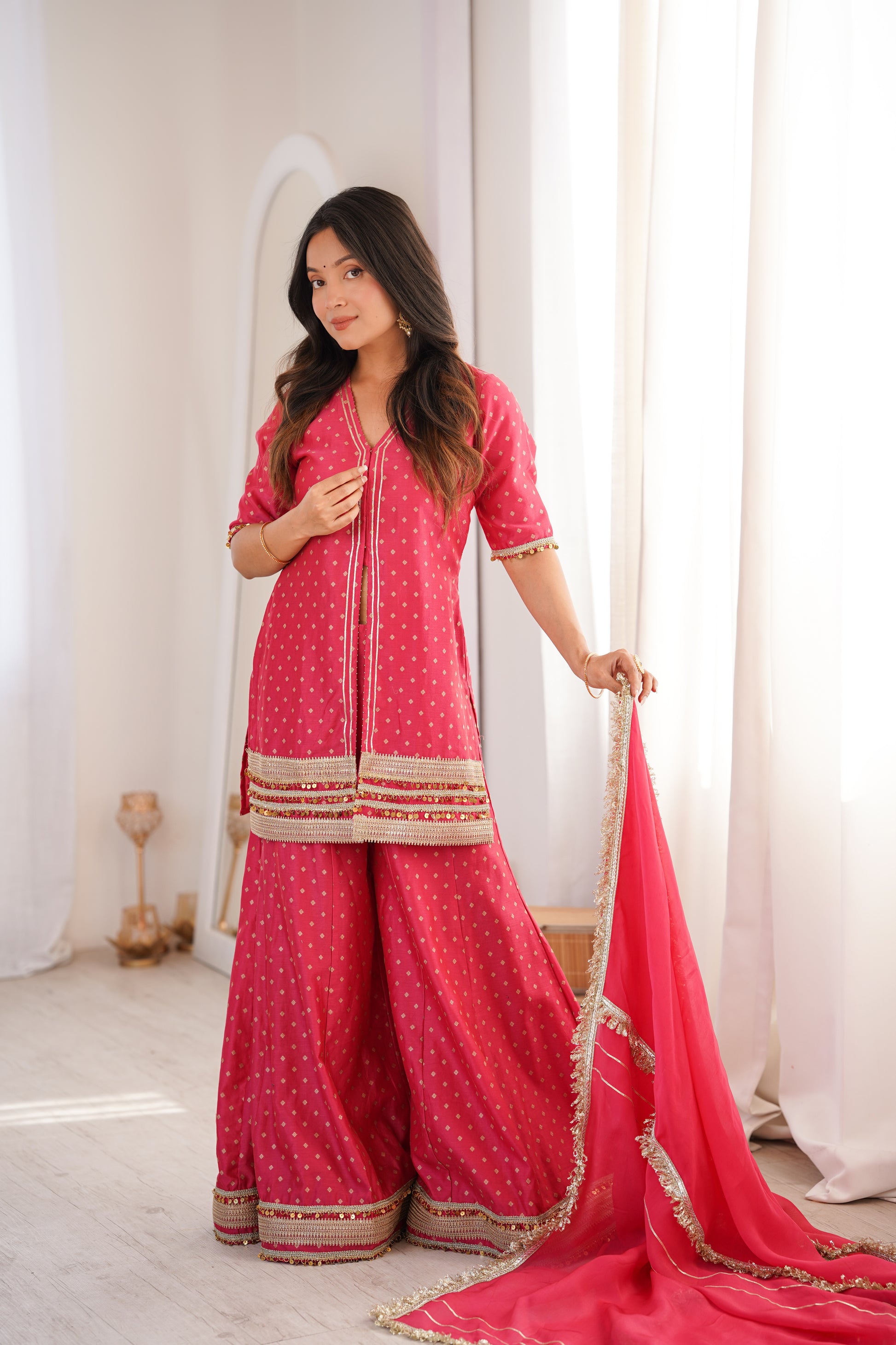 Peach Indian Kurta Set with Matching Dupatta by JOVI India