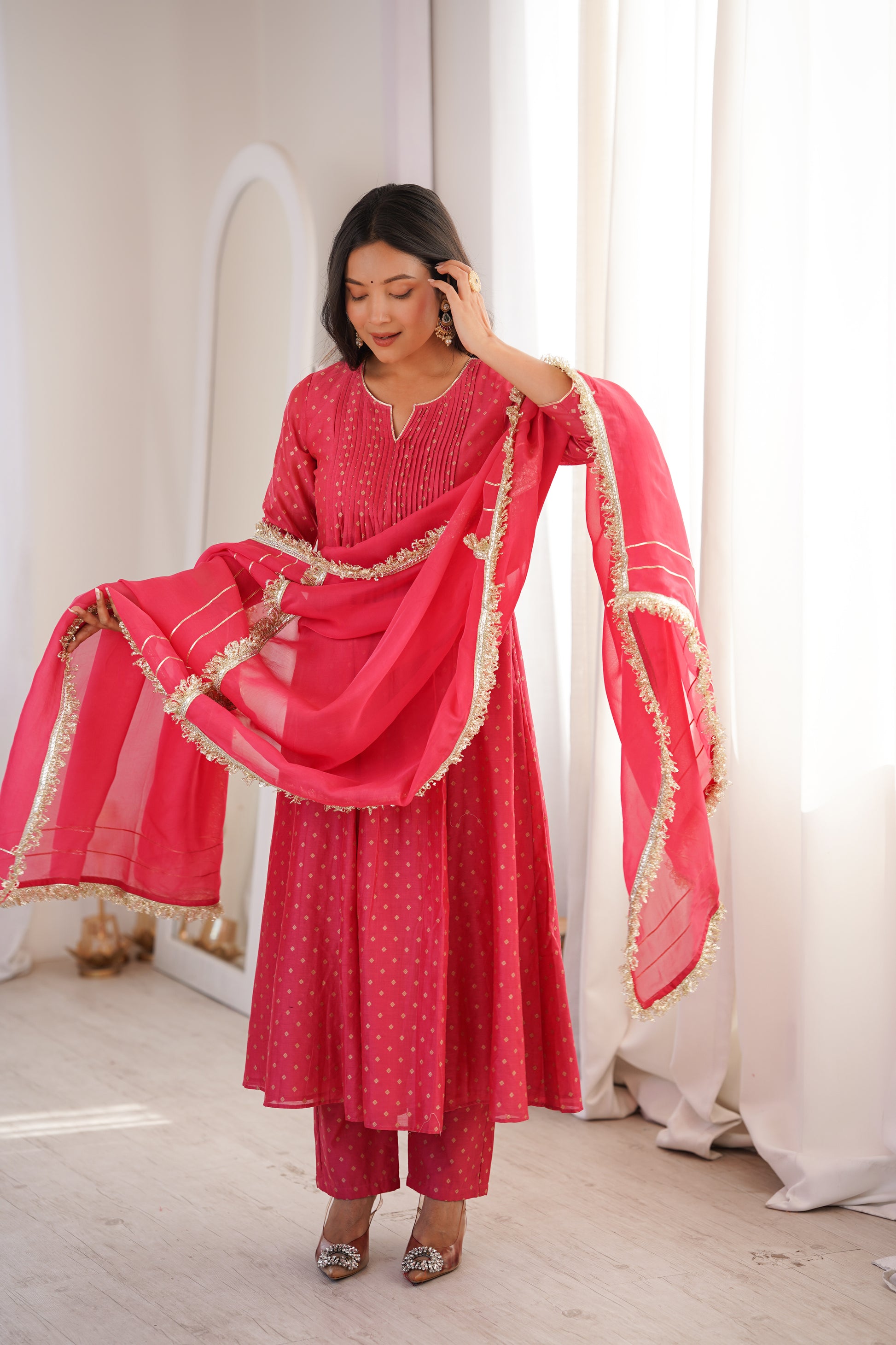 Women's Peach Festive Kurta Set with Gota Border Dupatta by JOVI India