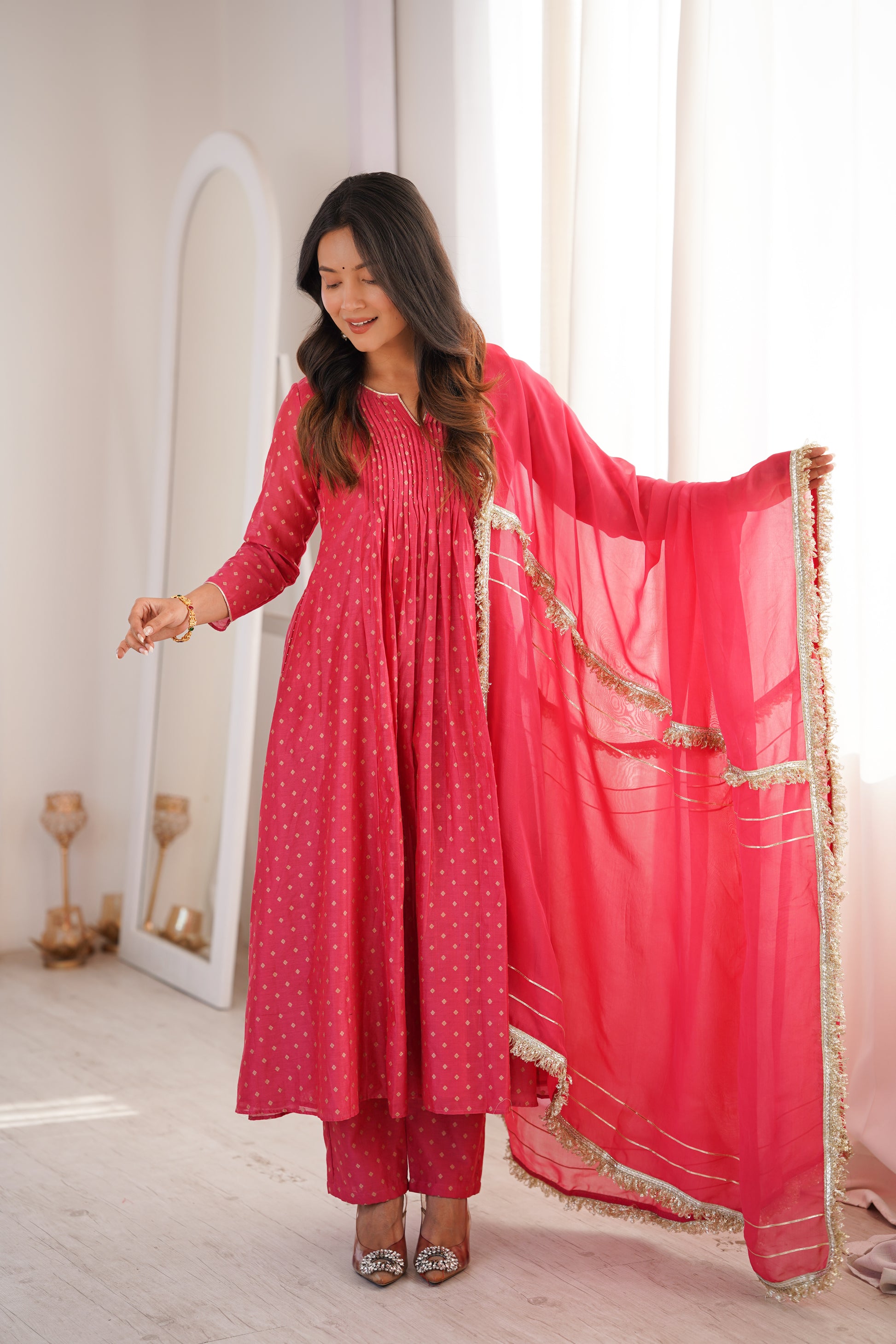 Peach Traditional Suit Set with Gold Motifs and Dupatta by JOV India