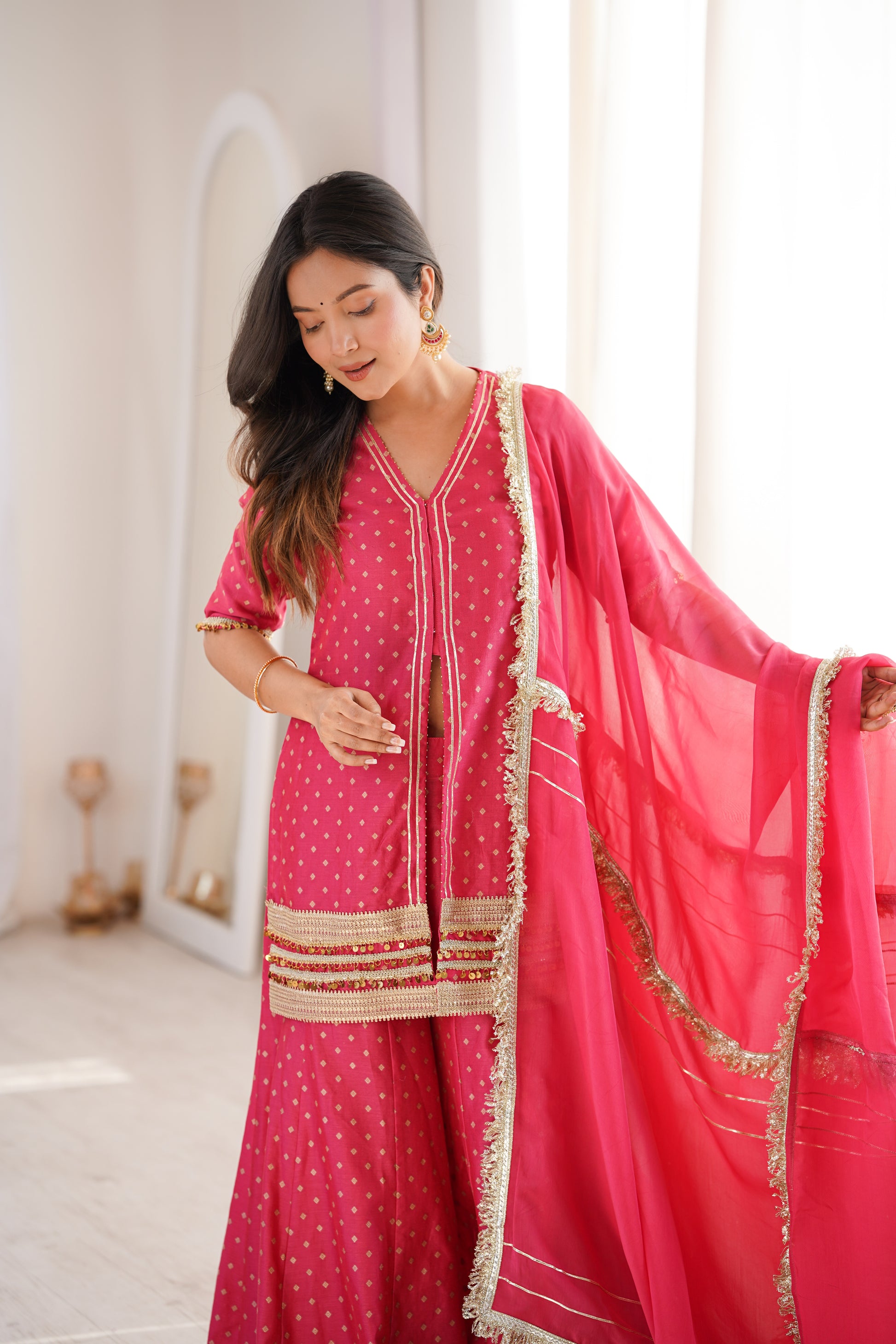 Hot Pink Indian Kurta Set with Matching Dupatta by JOVI India