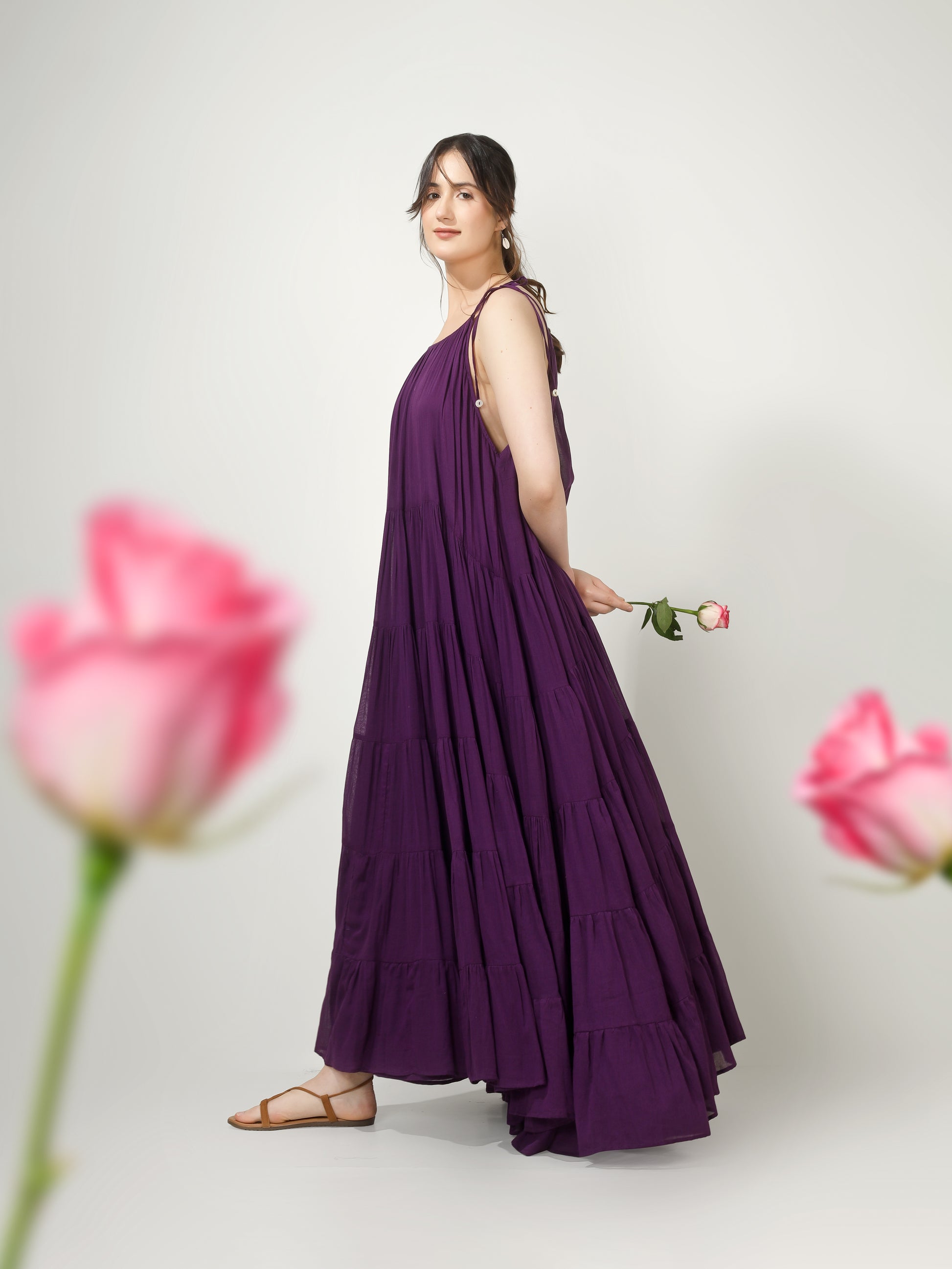 Purple tiered maxi dress for women with tie-up straps for JOVI India 