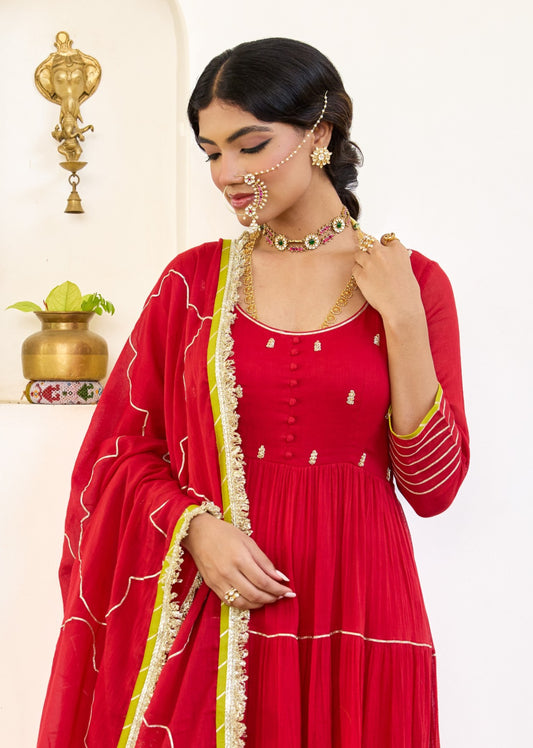 Women's Red Anarkali Kurta with Tieres and Mulmul Dupatta for rakhi celebrations from JOVI India 