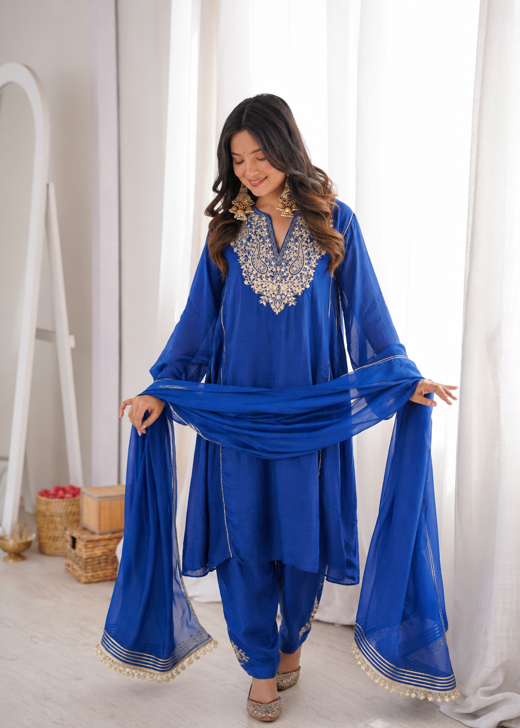 Blue Embroidered Kurta Set with Straight Pants and Dupatta by JOVI India