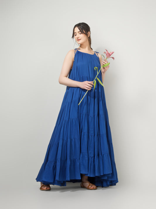 Royal blue tiered maxi dress for women for summer, vacation and casual wear from JOVI India