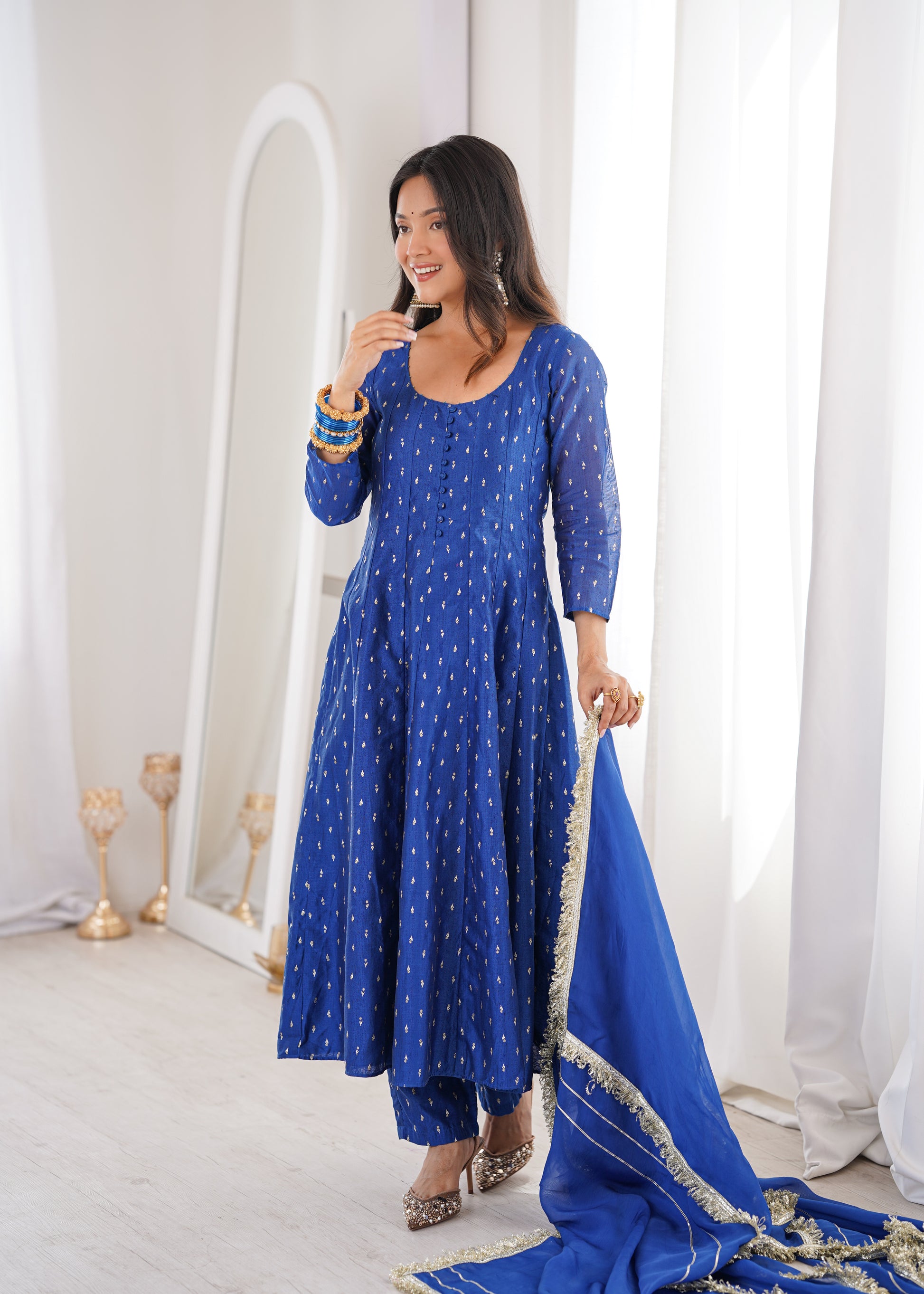 Premium Royal Blue Ethnic Kurta Set featuring Gold Buti Motifs and Gota Lace Dupatta by JOVI India