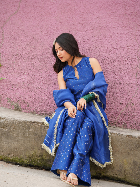 Royal Blue Sleeveless Kurta Set with Pants and Matching Dupatta for Women by JOVI India