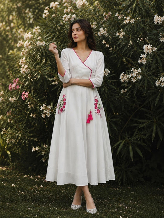White Pocket Embroidered Angrakha Dress