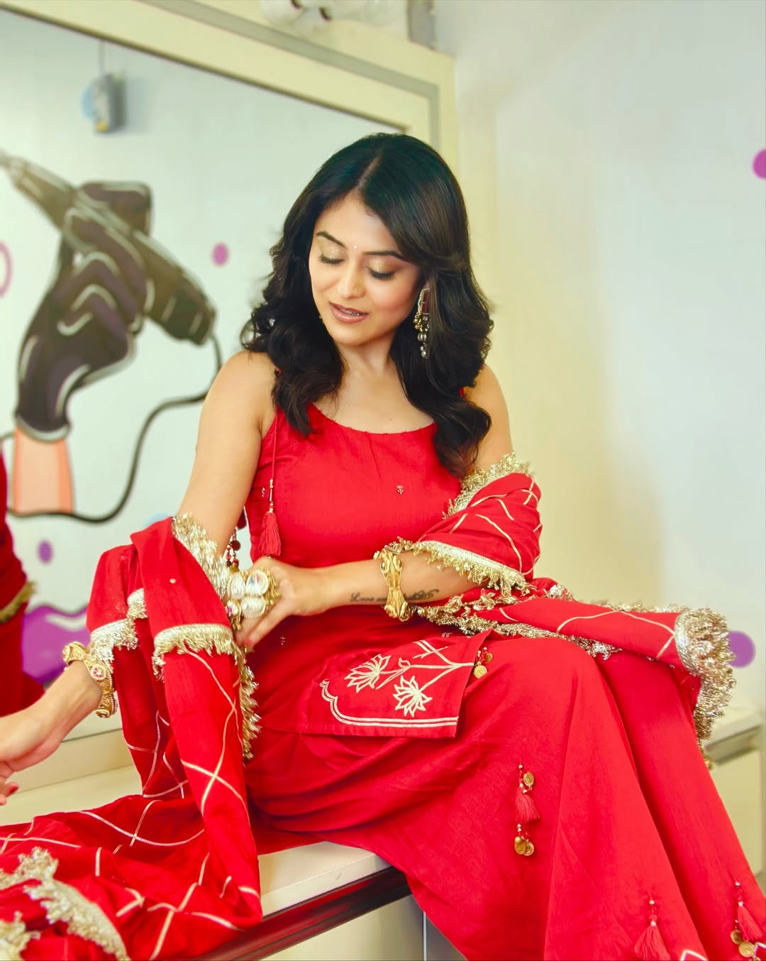 Strappy Kurta with Farshi Shalwar - Kumkum Red | JOVI India