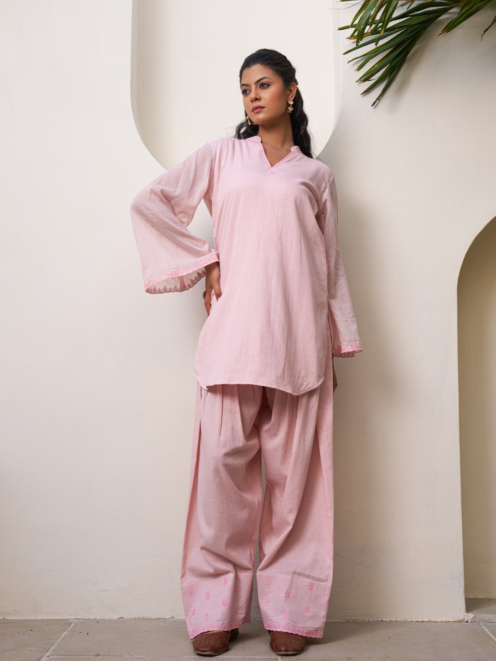 Buy Rose Pink Short Collared Kurta With Farshi Shalwar Suit at