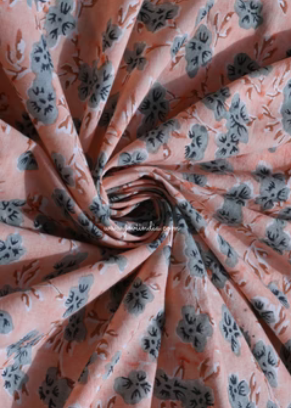 Peach Floral Hand Block Printed Cotton Fabric | JOVI India