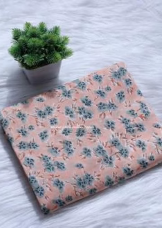 Peach Floral Hand Block Printed Cotton Fabric | Jovi India