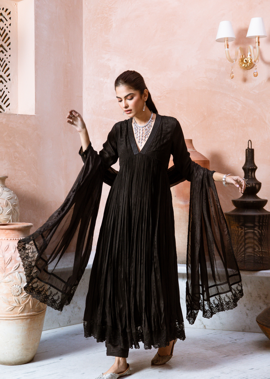 Black Silk Collar Neck Anarkali Suit Set | Jovi Fashion India